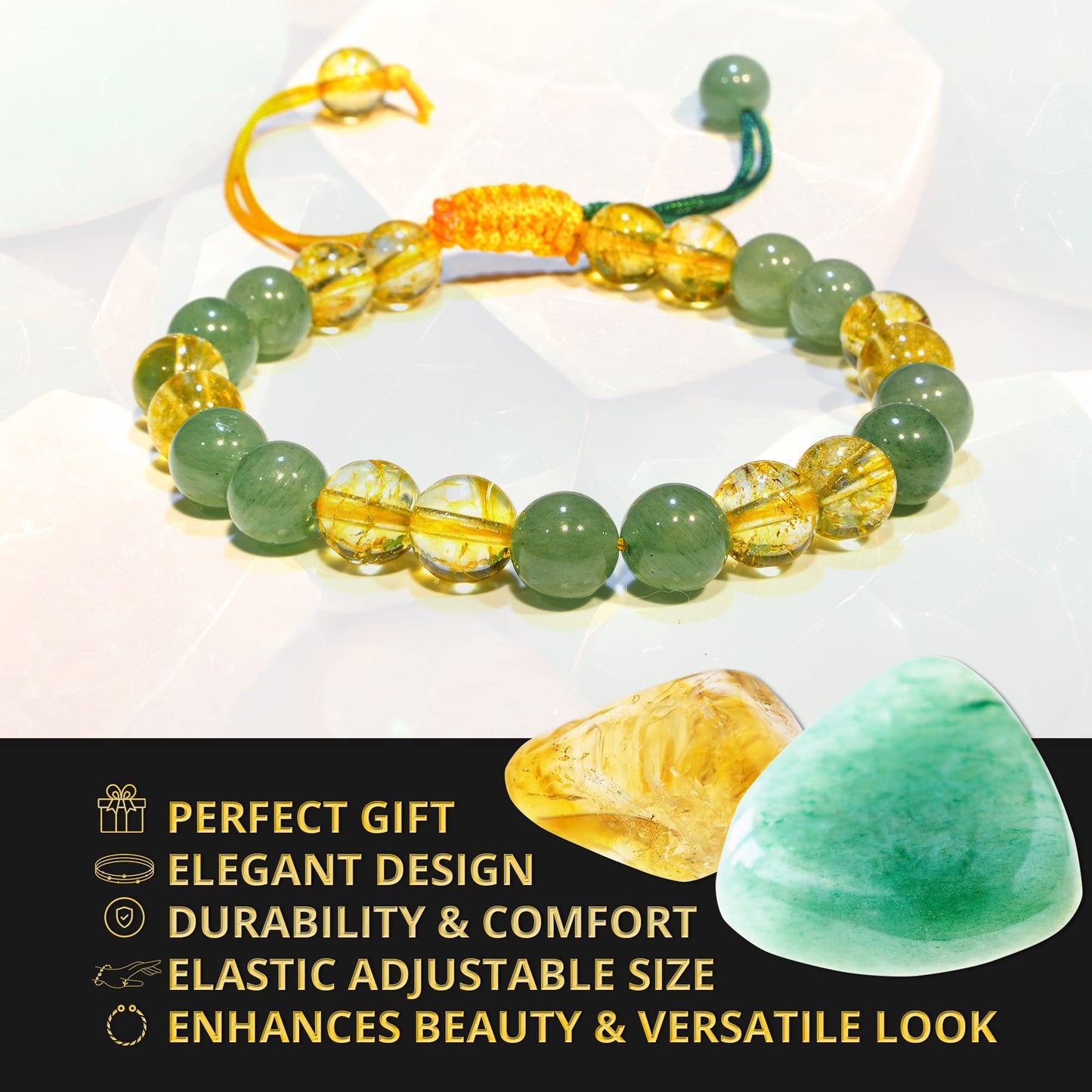 ANAYA AGATE Healing Crystal Bracelet – Chic Gemstone Bracelet for Men and Women – 8mm Round Bead Bracelets for Spiritual Healing, Protection, Positive Energy - Green Aventurine & Citrine