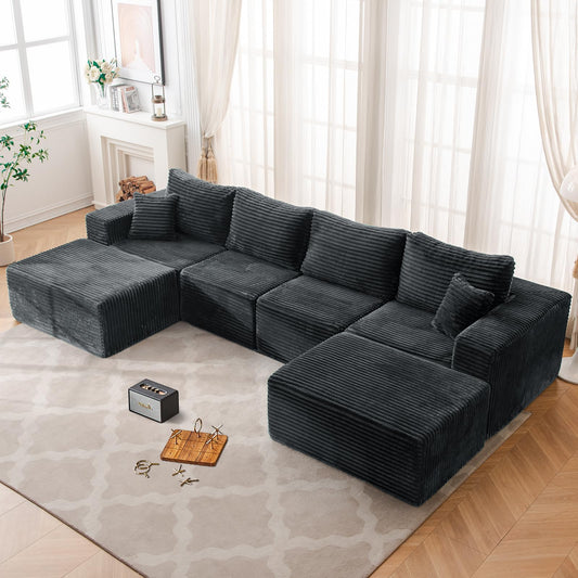 136" U Shaped Cloud Couch Modular Sectional Sofa with Deep Seat, 6 Seater Corduroy Couches, Boneless Couch with 2 Removable Ottomans, Sectional Couches for Living Room, No Assembly Required, Grey