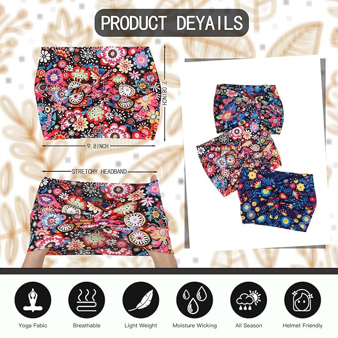 Tobeffect Extra Wide Headbands for Women, 7'' Boho Turban Floral Headband Large Hairband Twisted Hair Accessories, 6 pack