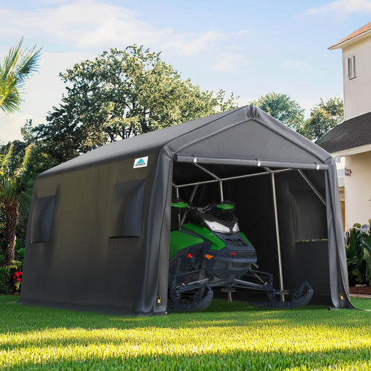 ADVANCE OUTDOOR 10x15 ft Shelter Storage Shed Steel Metal Peak Roof Portable Garage Carport for Motorcycle, Boat or Garden Tools with 2 Roll up Doors & Vents, Gray