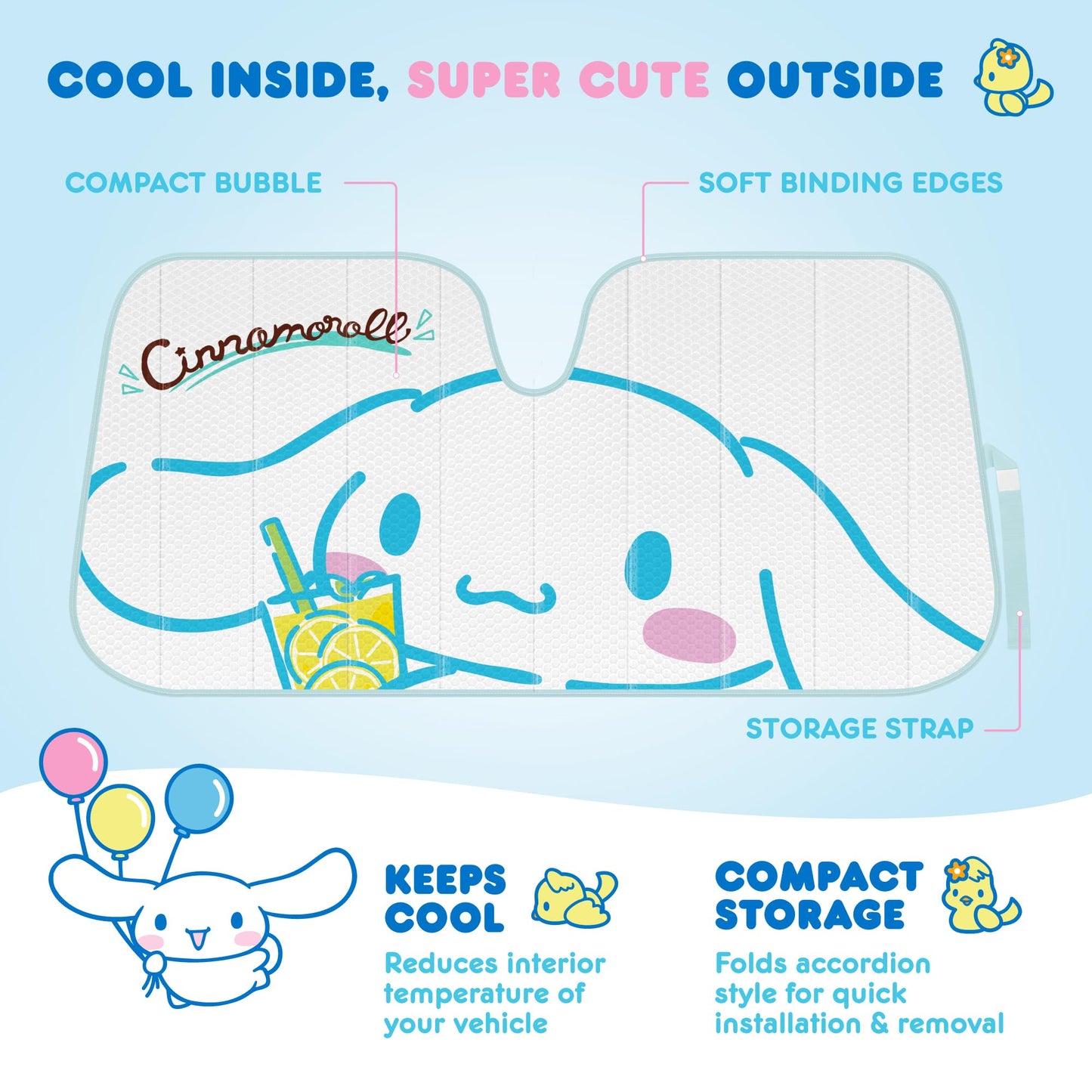 Carbella Cinnamoroll Car Seat Covers, Car Floor Mats, Steering Wheel Cover, Windshield Sun Shade for Car Gift Pack Car Air Freshener Black and Blue Hello Kitty Car Accessories for Women 9pc Combo