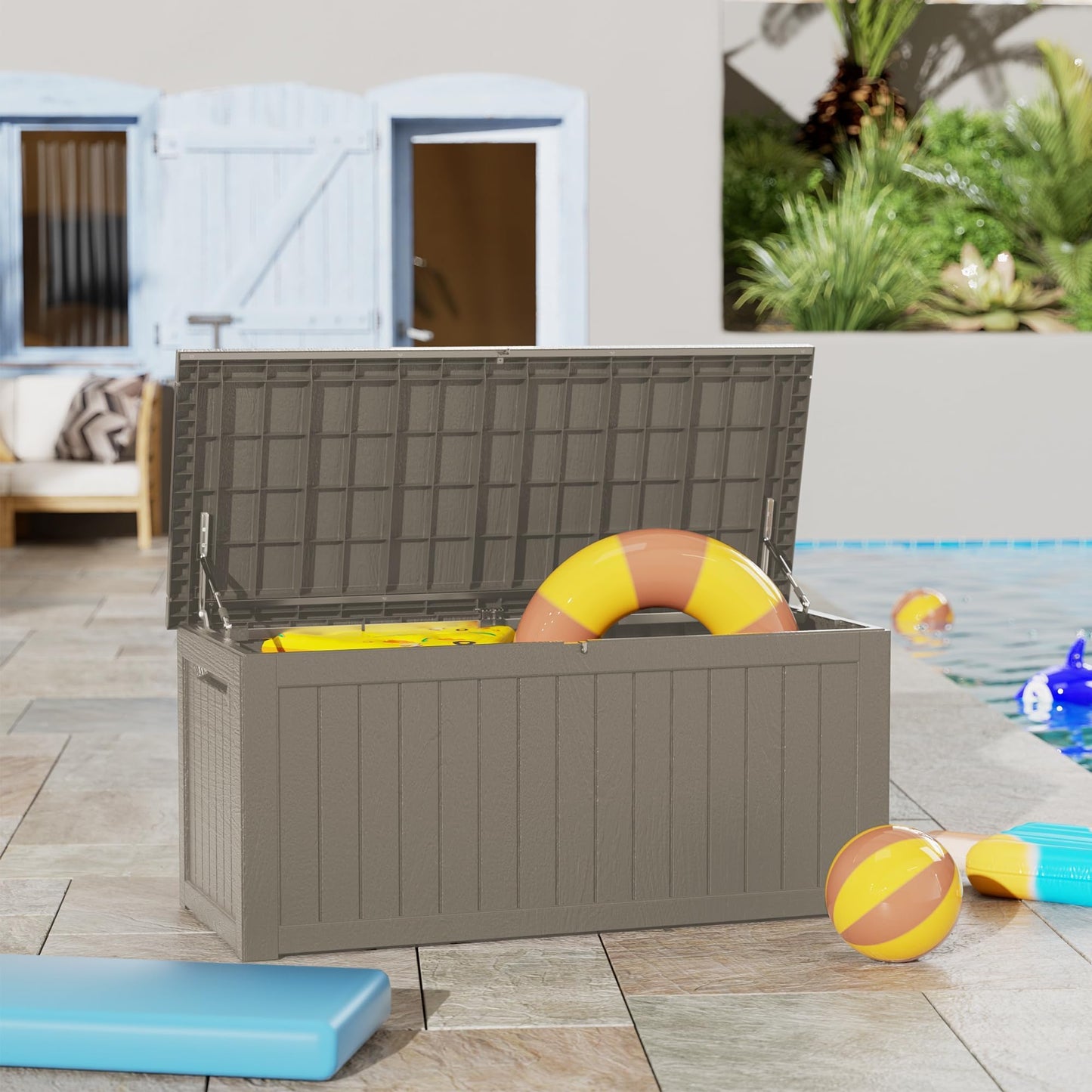 PATIOEASY Outdoor Storage Box 275GAL Waterproof Resin Deck Box,Pool Accessories Supplies，UV-Resistant Lockable Package Delivery Bin for Garden Tools,Large Patio Outside Cushions,Chest,Furniture,Grey