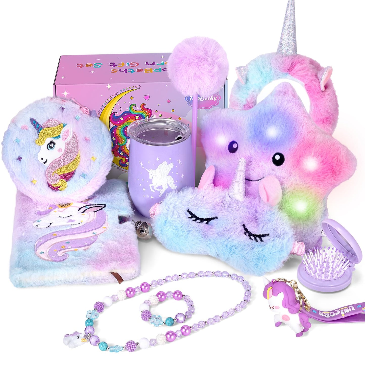 Unicorns Gifts for Girls Age 5 6 7 8 9 10 Years Old, Kids Unicorn Toy with Light Up Plush Star Pillow, Diary, Headband, Eye Mask, Water Bottle, Teen Soft Plush Toys Set for Birthday Gift Christmas