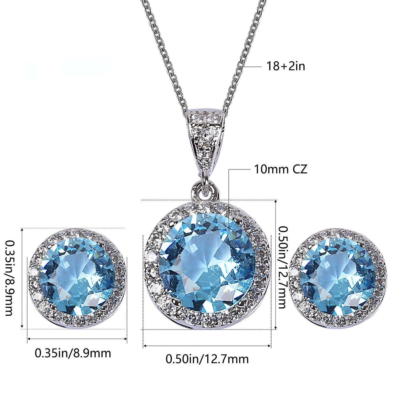 AMYJANE Crystal Jewelry Set for Women - Sterling Silver Round Aquamarine Cubic Zirconia Bridal Pendant Necklace Earrings Set for Wedding Bride Bridesmaids Birthstone Jewelry Sets