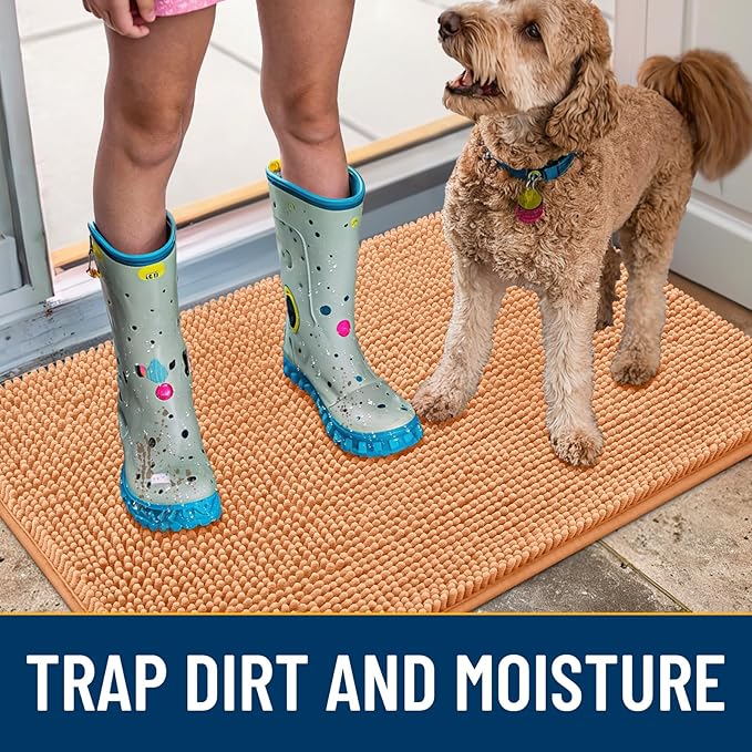 Smiry Dog Door Mat for Muddy Paws 71x46, Absorbs Moisture and Dirt Doormat, Non-Slip Washable Quick Dry Chenille Front Door Mat Indoor Entrance, Entryway Carpet for Inside Floor, Orange