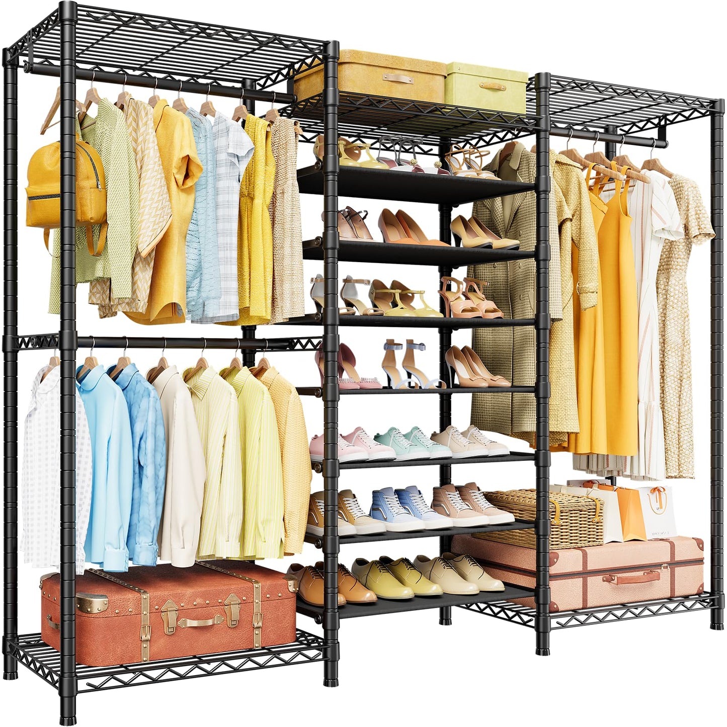 ULIFHOME E16 Heavy Duty Clothing Rack（with 7-Tier Adjustable Shoe Rack） Freestanding Clothes Rack for Hanging Clothes，Metal Closet Storage Organizer Large Wardrobe，69'' W x 15.8'' D x 76.2'' H，Black