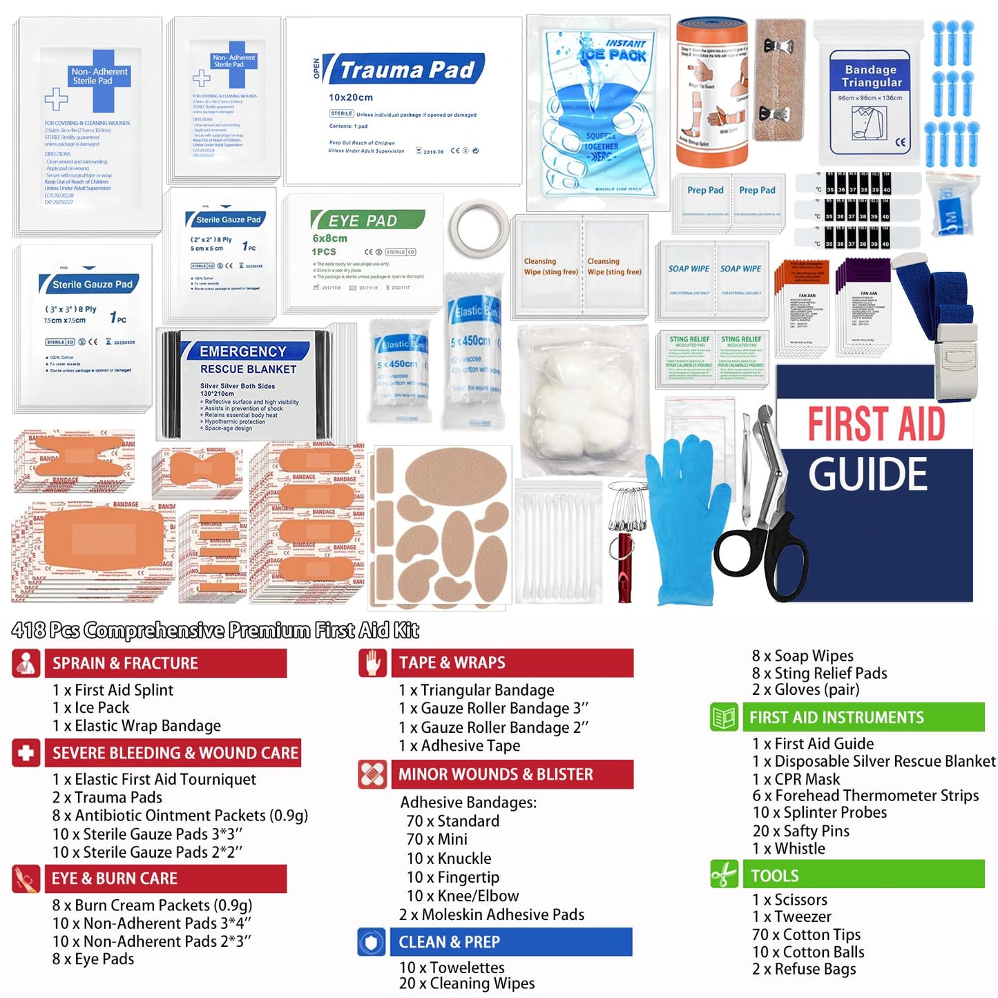 SUPER FALCON RESCUE 418-Piece First Aid Kit for Home, Travel, Camping, Hiking & Outdoor Emergencies, Tear-Resistant Survival Kits for Business, Vehicle & School, Multi-Use Emergency Medical Supplies