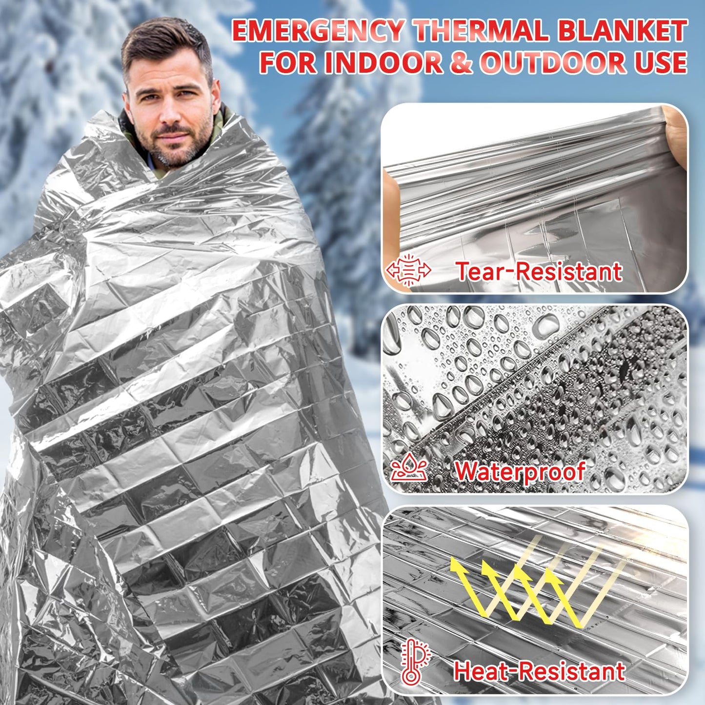 SecuCaptain Survival Emergency Thermal Blankets: 75 Pack Extra Large 84” x63” Space Mylar Blanket Kit for Outdoor Cold Winter Camping Hiking Car Bug Out Bag or First Aid
