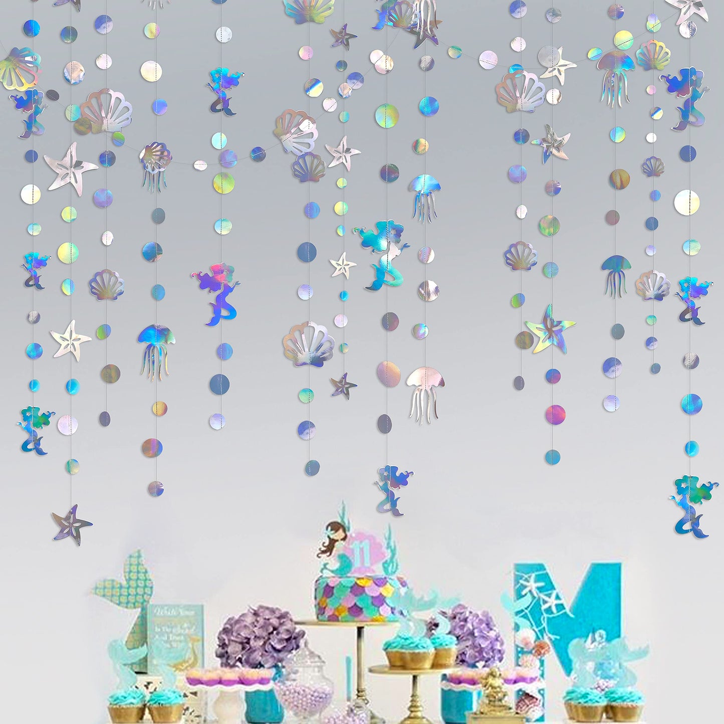 40 Ft Iridescent Mermaid Garland with Jellyfish Seashell Starfish Pearl Holographic Paper Streamer for Little Mermaid Rainbow Theme Birthday Bachelorette Baby Shower Under the Sea Party Decorations