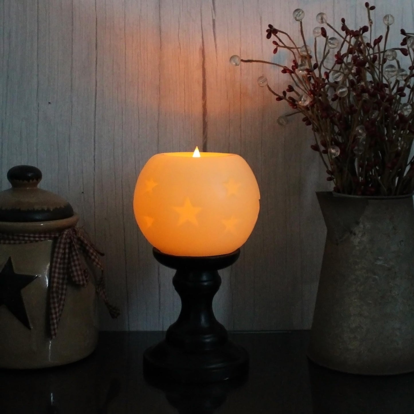 CVHOMEDECO. Moon Sphere Wax LED Dancing Flame Candle Ball Battery Operated Wax LED Flameless Candle with Timer and Remote Control (5" Dia. X 4"" H)"