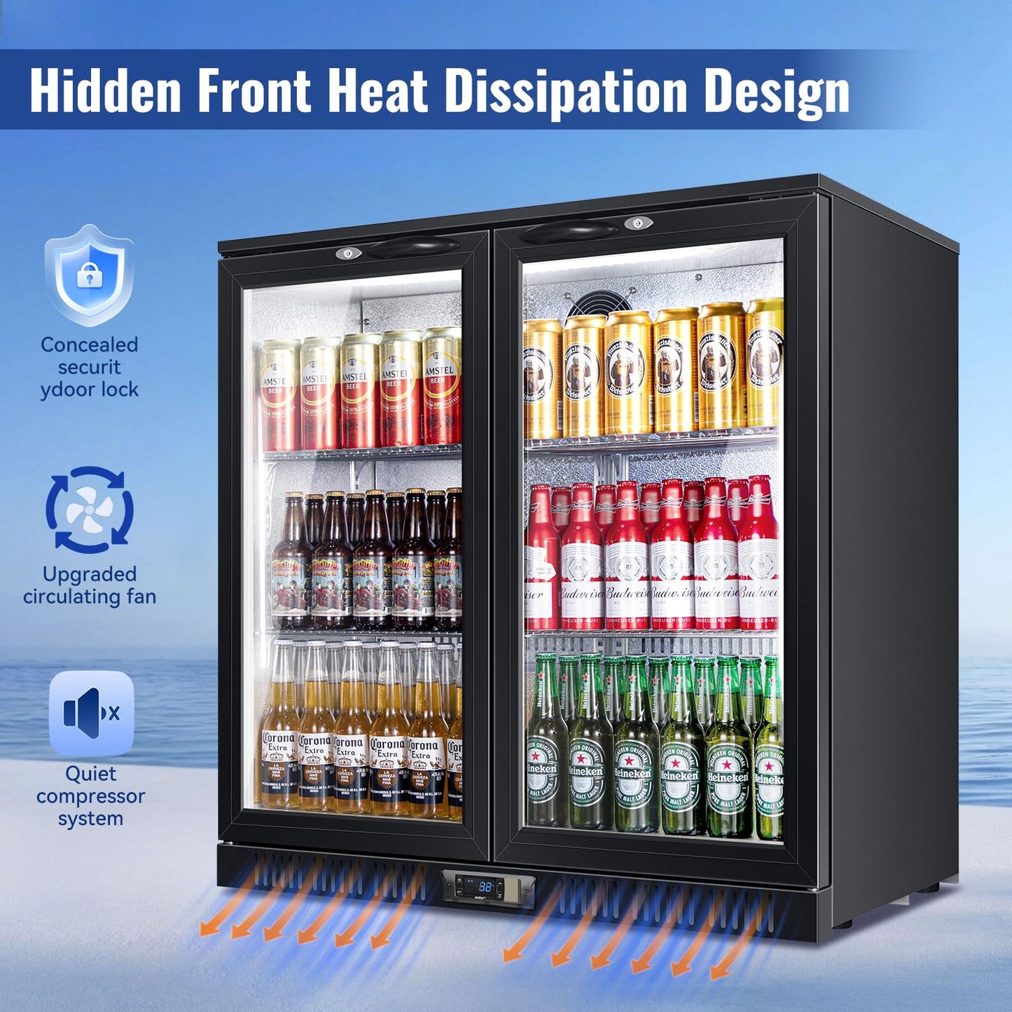 Tylza Back Bar Cooler With 2 Glass Doors, 200L Under Counter Back Bar Refrigerator with LED Lighting, Safety Locks, Counter Height Bar Beverage Cooler for Beer, Soda Drinks, Wine, Black