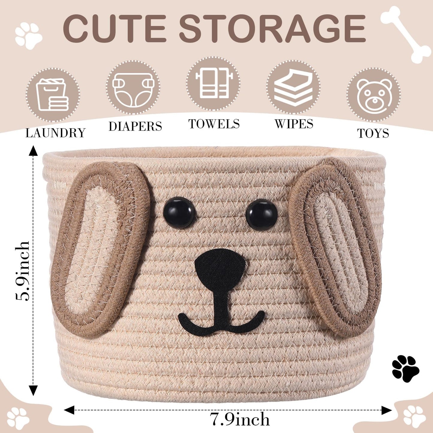 Zopeal Dog Woven Basket, 7.9" D x 6" H Cotton Rope Toy Storage Organizer, Dog Mom Gift Empty, Cute Laundry Puppy Gift Animal Basket for Clothes, Towels, Toy, Laundry, Bathroom, Home(Khaki, Beige)