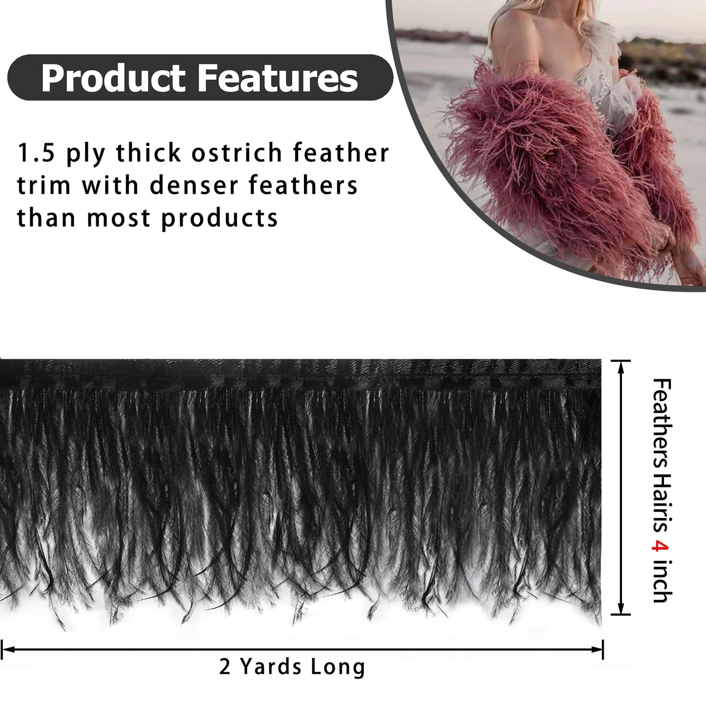 SOGUGOM Black Ostrich Feather Trim - 1.5Ply 2Yards 4 Inch Feathers Fringe Ribbons Trim for Sewing, Dress, Craft Projects, Halloween Costumes, Holiday Dance Parties(Black)