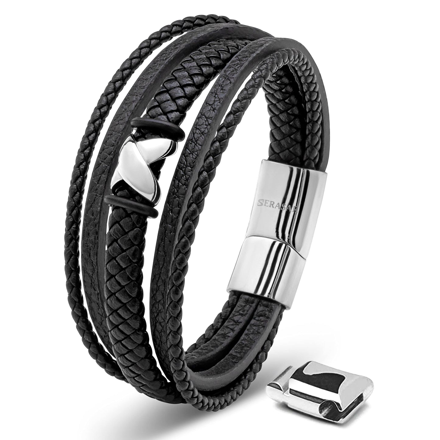 SERASAR Mens Leather Bracelet 17cm Silver Presents Men Gift Box Cowhide Braided Magnetic Clasp Multi Layer Wrap Rope Mans Male Bracelets Band Jewelry Magnet Accessories