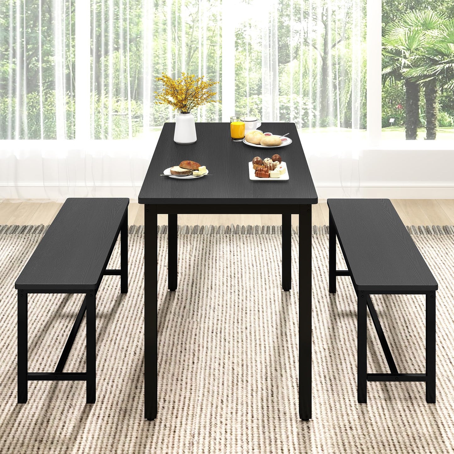 Rovibek 43" Dining Room Table Chairs Set for 4, Modern Space Saving Kitchen Table with 2 Benches & Adjustable Feet Breakfast Table, Wooden Industrial Style Farmhouse, Black