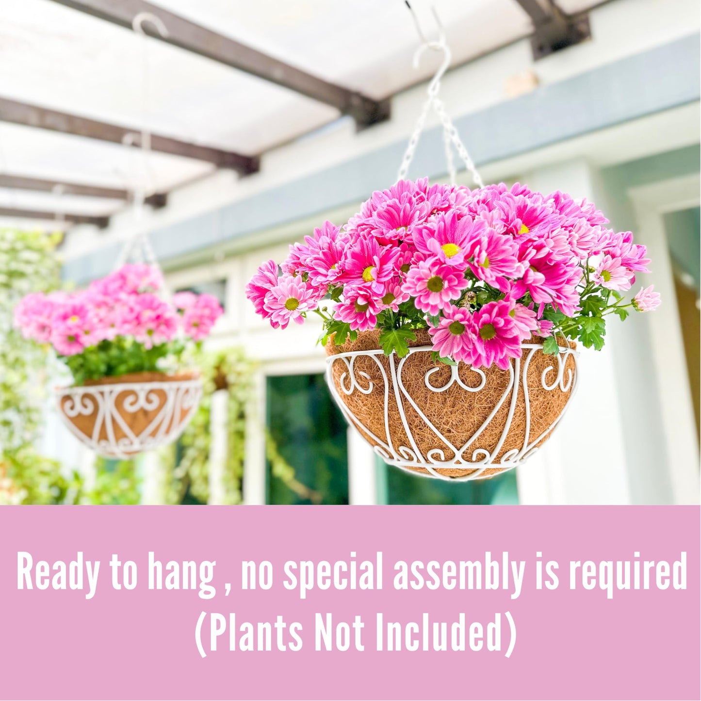 LaLaGreen Hanging Baskets for Plants (4 Pack, 16 Inch) Extra Large Hanging Flower Pot with Coco Liner White Metal Wire Round Plant Holder with Hanger Hook Chain Outdoor Patio Deck Balcony Garden Decor
