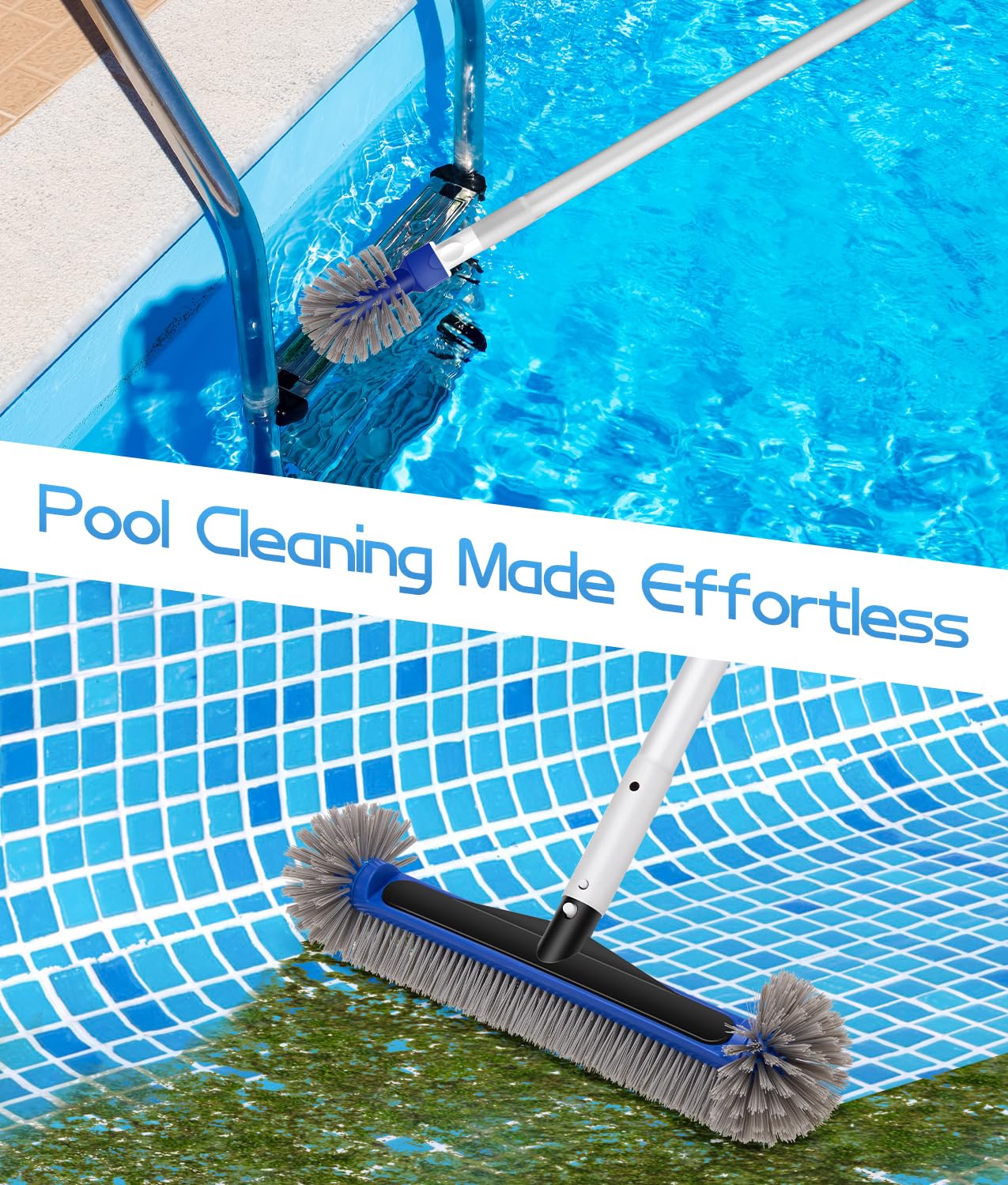 17.4'' Swimming Pool Brush Head with Round Ends, EZ Clip Aluminum Handle, Heavy Duty Pool Brushes for Clean Swimming Pools Faster, Extra Corner Brush Head for Clean Pool Steps & Corners