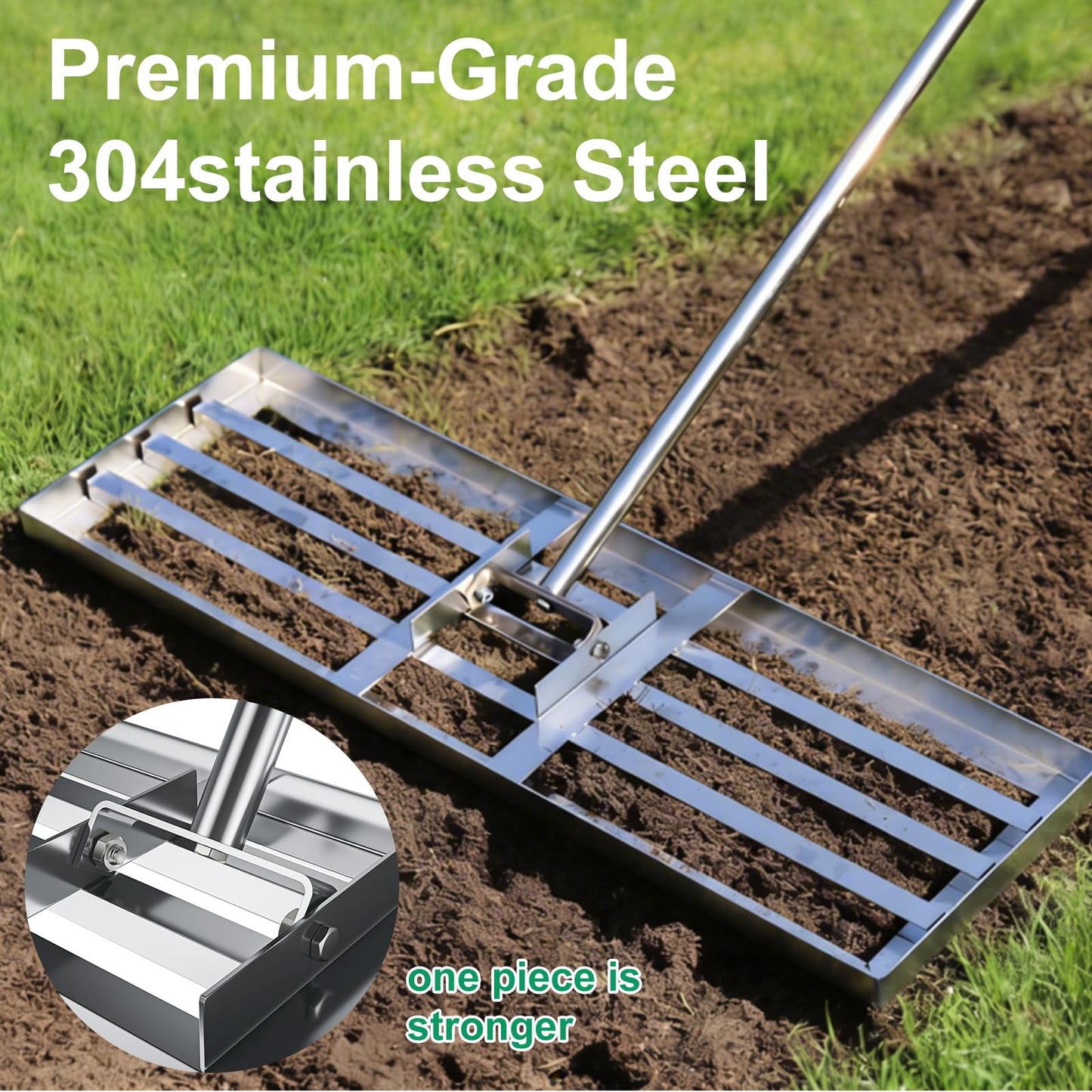 PMKBVI 30"x10" Lawn Leveling Rake, Heavy Duty 304 Stainless Steel Lawn Leveler w/ 6.5ft Ergonomic Handle, Effort Saving Soil Tool for Dirt, Sand, Compost, Topdressing & Garden