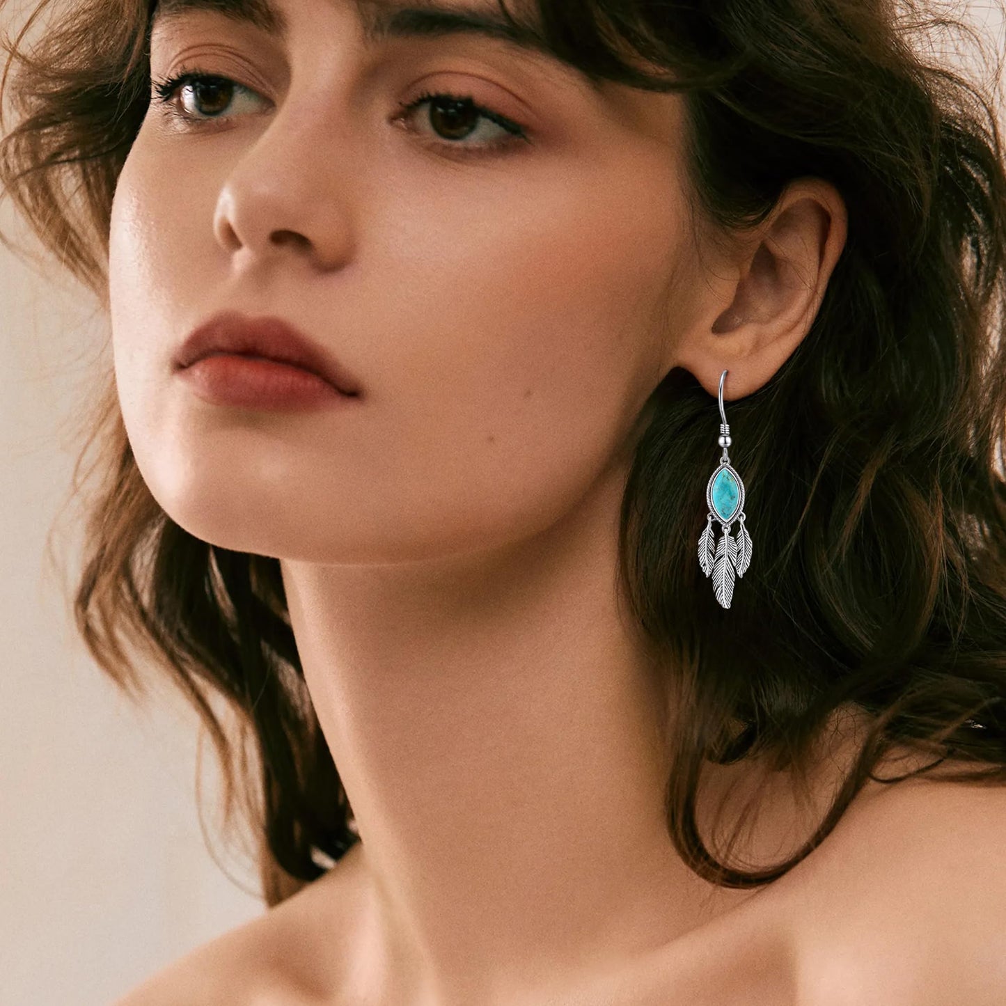 AVECON Turquoise Feather Dangle Earrings for Women 925 Sterling Silver Earring Vintage Turquoise Jewelry with Feather Boho Leaf statement Earrings Trendy Hook Earrings Western Jewelry for Her