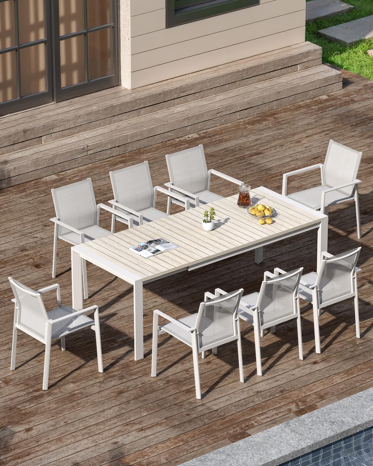 SEEHILL Extendable Outdoor Dining Table for 6-10 Person, 85"-107" Oversized Rectangular Patio Dining Table, Never-Rust Aluminum Expandable Dining Table with Faux Wood Grain Tabletop for Deck, Garden