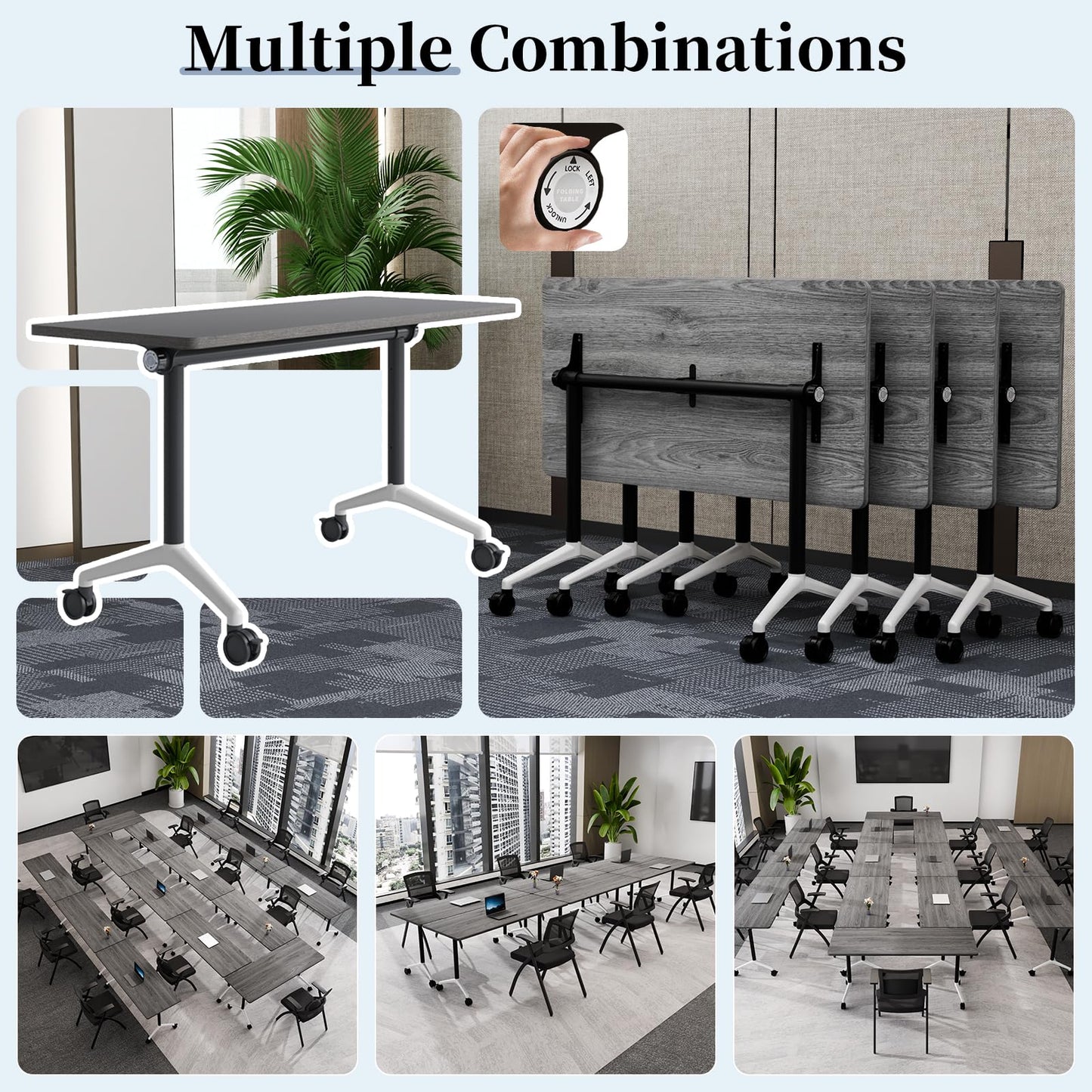Modular Folding Conference Table with Wheels,4 Pack Mobile Conference Room Tables,Filp Top Rolling Meeting Training Tables for Office,Classroom,Library,Seminar,Boardroom,school(4pack,Grey,47in)