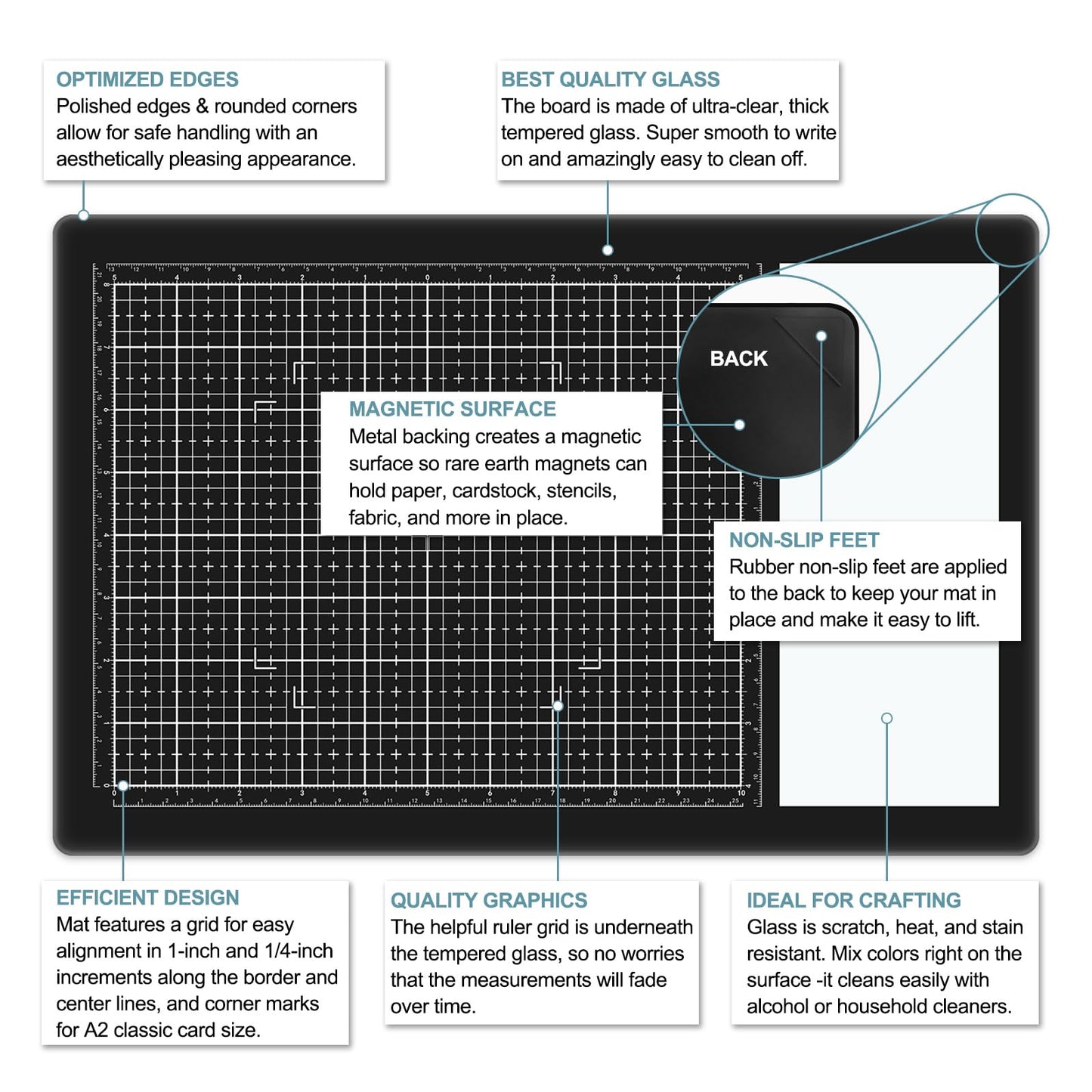 BAOFALI Magnetic Glass Craft Mat; 15.75"x10.24"Heat Resistant Glass Media Cutting Mat W/MagnetsGridlines and Measurements; for Cutting, Stamping, Mixed Media, Heat Embossing and Hot Glue Projects