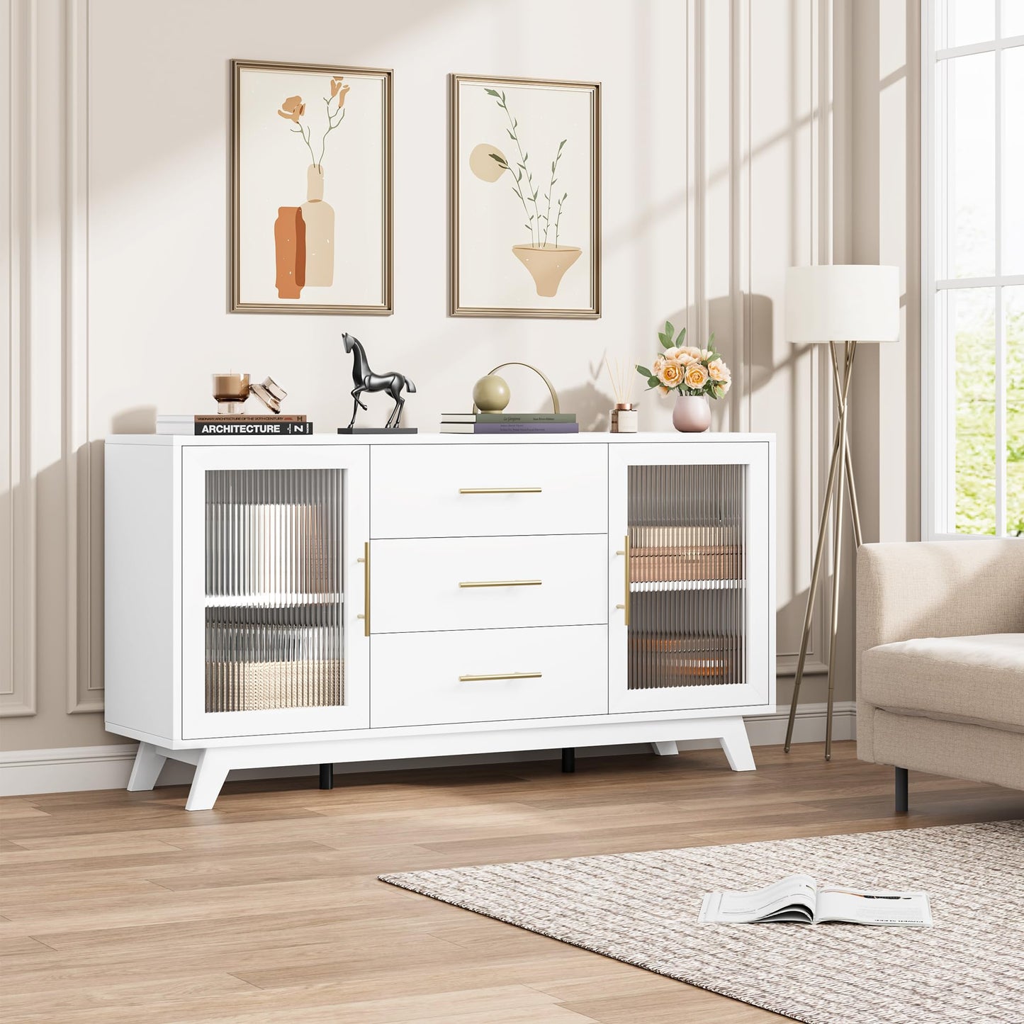 GAOMON Sideboard Buffet Cabinet with 2 Fluted Glass Doors, 56" Modern Coffee Bar Cabinet with 3 Large Drawers, White Long Storage Cabinet for Kitchen Dining Living Room, White Top