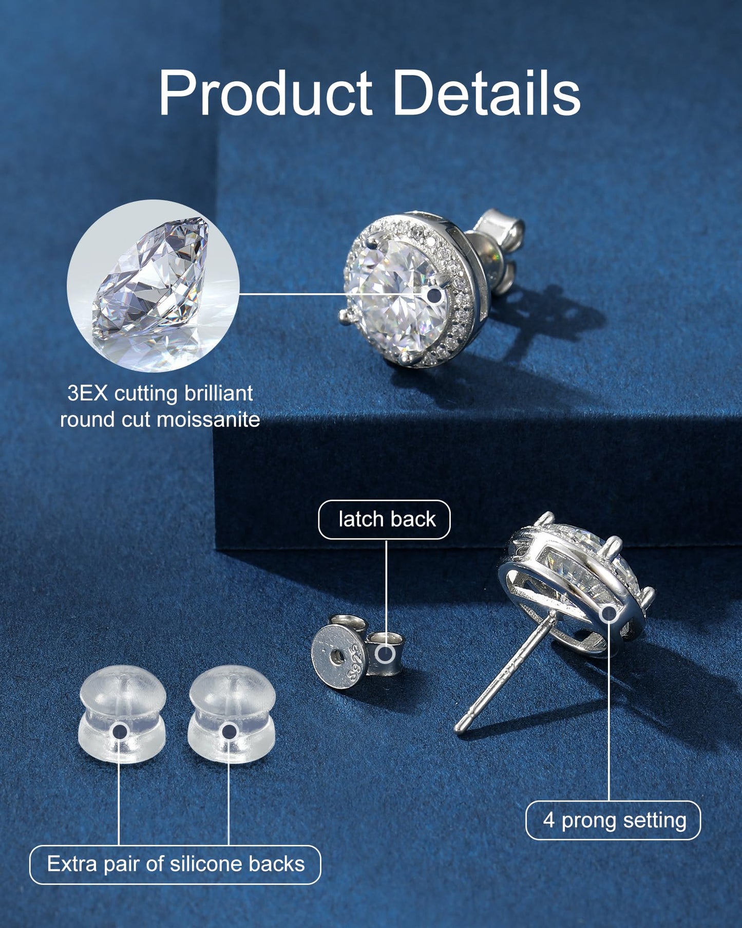 N9NEMUSES Moissanite Stud Earrings, 1 Carat Round Cut D Color VVS1 Clarity Lab Created Moissanite Earrings Studs 18K White Gold Plated 925 Sterling Silver Halo Earrings Jewelry Gifts for Women Men