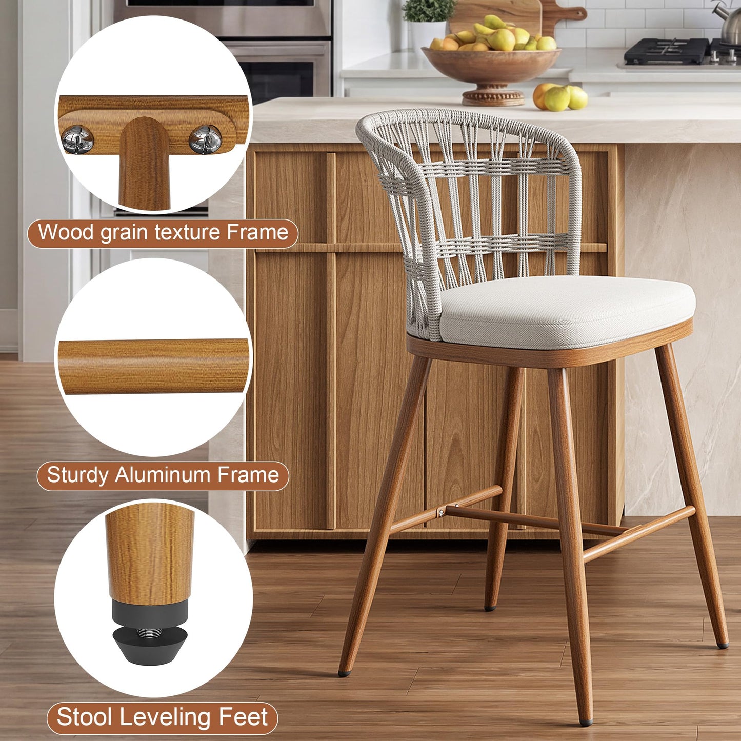 Garden Story Outdoor Bar Stools Set of 2, 29 inch Handwoven Rattan Bar Stools with Back and Footrest, Wood-Grain Metal Wicker Patio Bar Chairs for Porch Balcony Backyard Poolside