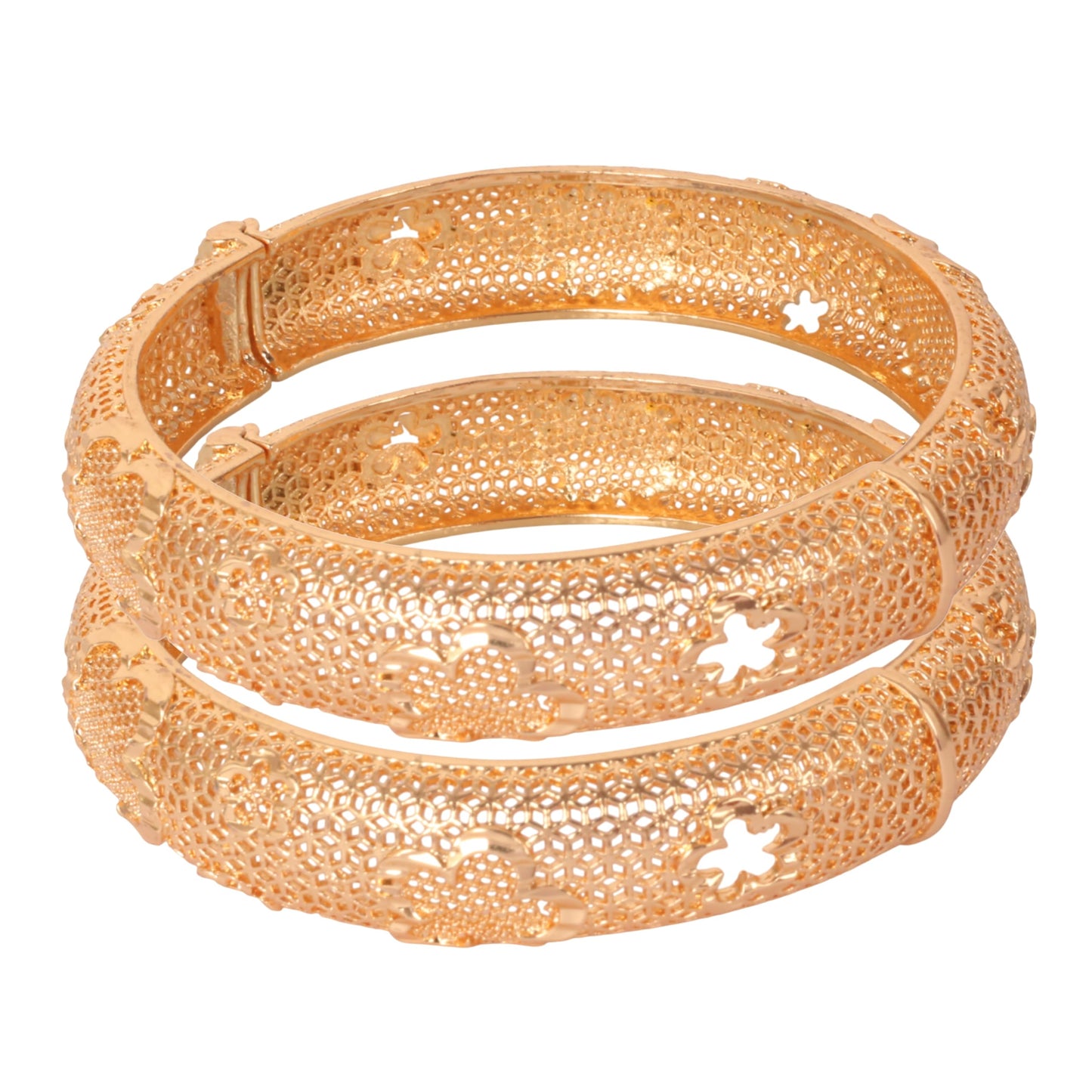 Touchstone NEW Indian Bollywood Handcrafted Exclusive Mesh Floral Designer Jewelry Thick Openable Kada Bracelets Bangle. Set of 2. in Antique Gold Tone for Women.