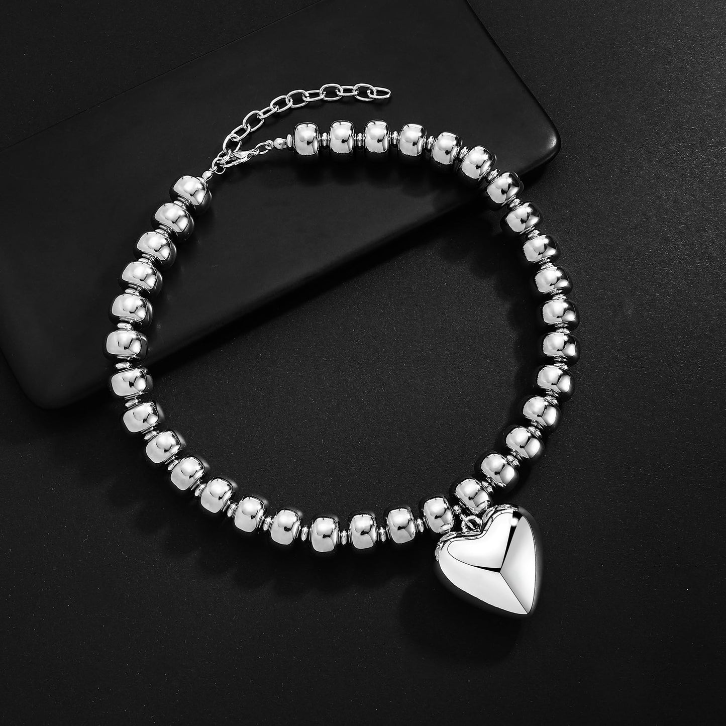 ENSKEFEN Silver Puffy Heart Pendant Necklaces for Women Chunky White-Gold Plated Acrylic Beaded Necklace Adjustable Statement Choker Necklace Fashion Jewelry