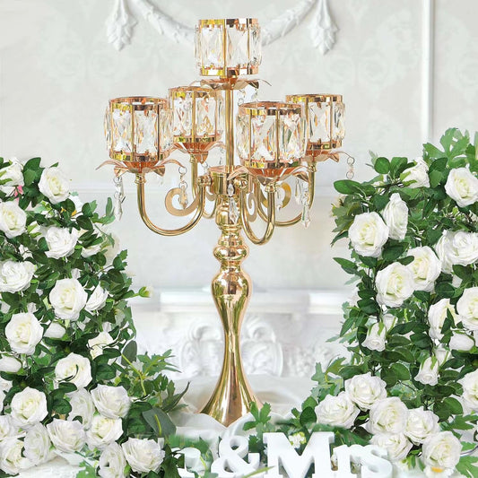2 Pcs Kehail Gold 5 Arm Pendant Square Crystal Table Decor 22 inch Candle Holder, Classic and Elegant Table Centerpiece Atmosphere Candle Holders for Gift Wedding Party Home Decor