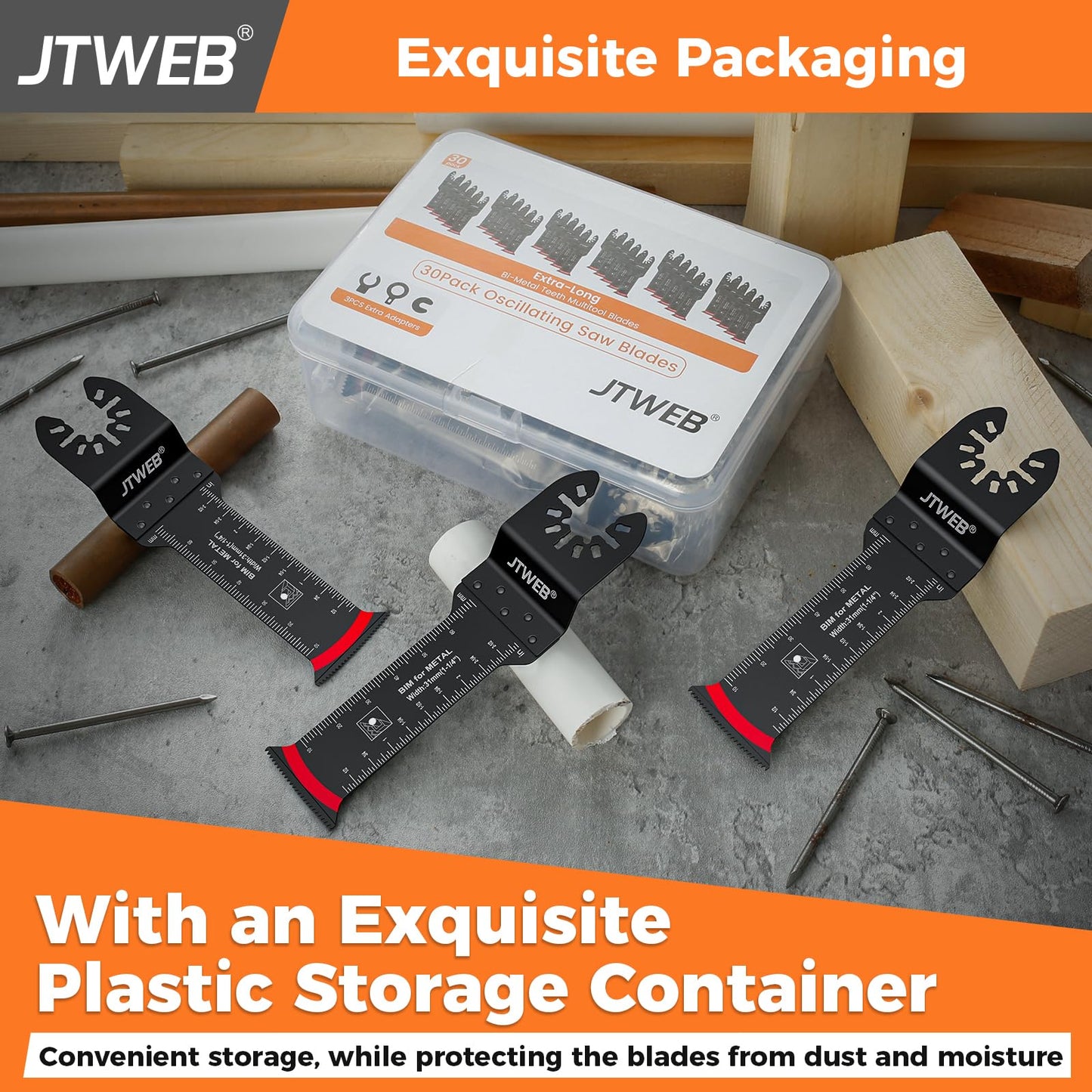 JTWEB Extra Long Oscillating Saw Blades - 30PCS Arc-Shaped Edge Bi-Metal Multitool Blades Precise Cut for Wood with Nails, Metal, Universal Quick Release Power Oscillating Tool Blades Kits