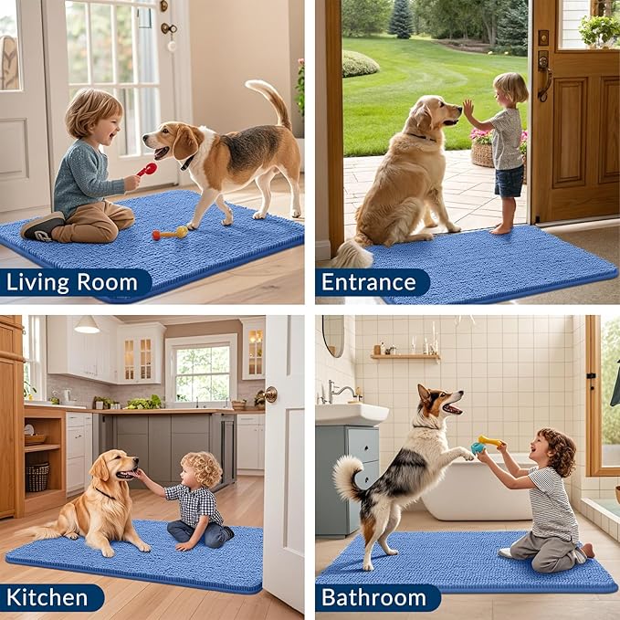 Smiry Dog Door Mat for Muddy Paws 48x30, Absorbs Moisture and Dirt Doormat, Non-Slip Washable Quick Dry Chenille Front Door Mat Indoor Entrance, Entryway Carpet for Inside Floor, Cornflower Blue