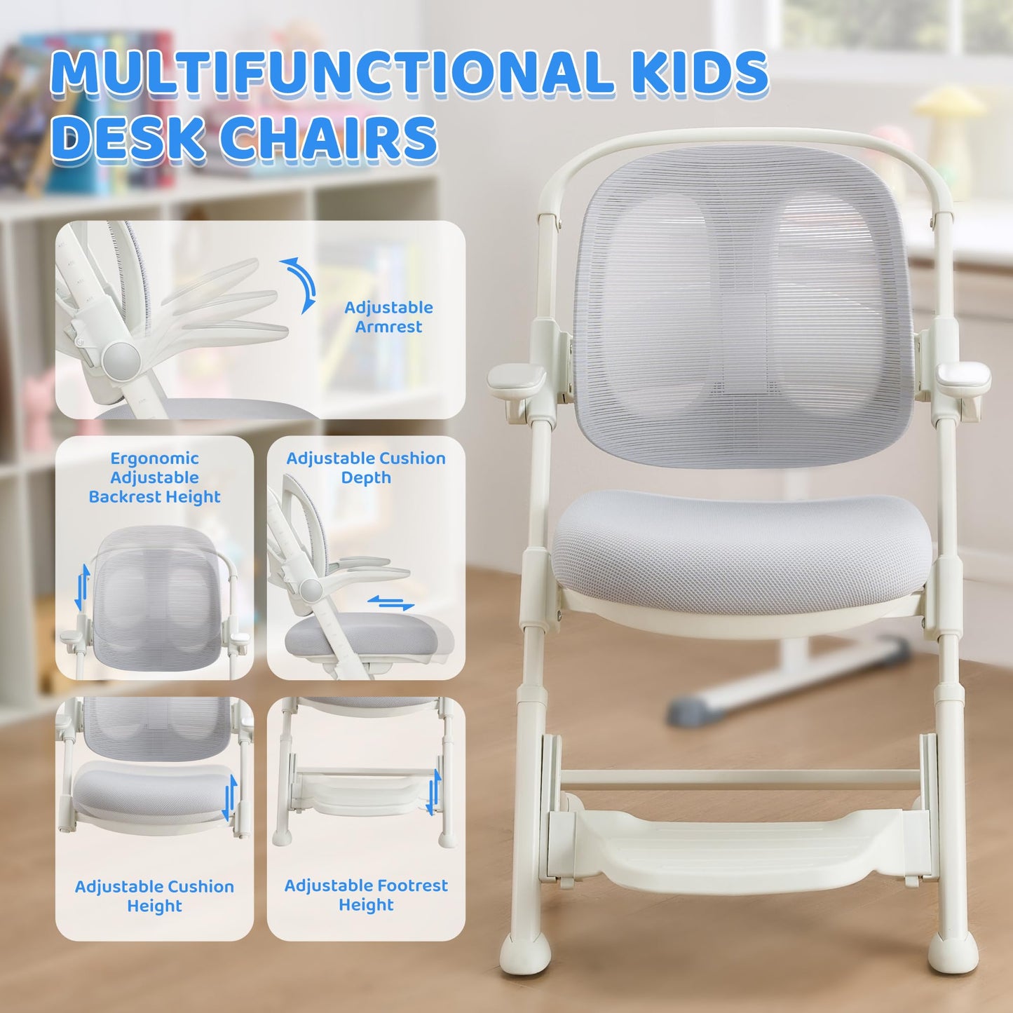 ERIYA Kids Desk Chair,Ergonomic Chair: Breathable Mesh Back, Adjustable Seat, Flip-Up Armrests, Footrest, Lumbar | Ideal for Kids, Petite Adults – Ultra-Comfy for Study/Work (Grey)