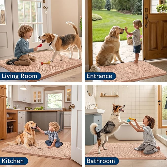 Smiry Dog Door Mat for Muddy Paws 70x24, Absorbs Moisture and Dirt Doormat, Non-Slip Washable Quick Dry Chenille Front Door Mat Indoor Entrance, Entryway Carpet for Inside Floor, Peach