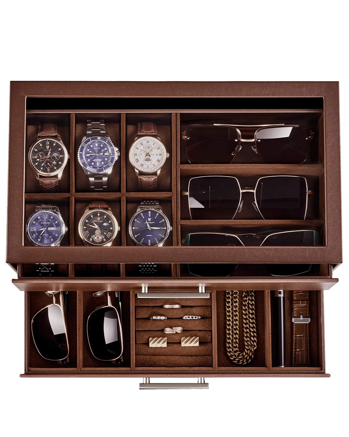 ProCase Mens Jewelry Box, 6 Slot Watch Case with Drawer & Glass Display Top, 2-layer Watch Holder Storage for Watches, Sunglasses, Rings, Bracelets, Jewelry Organizer, Gift for Men -Espresso