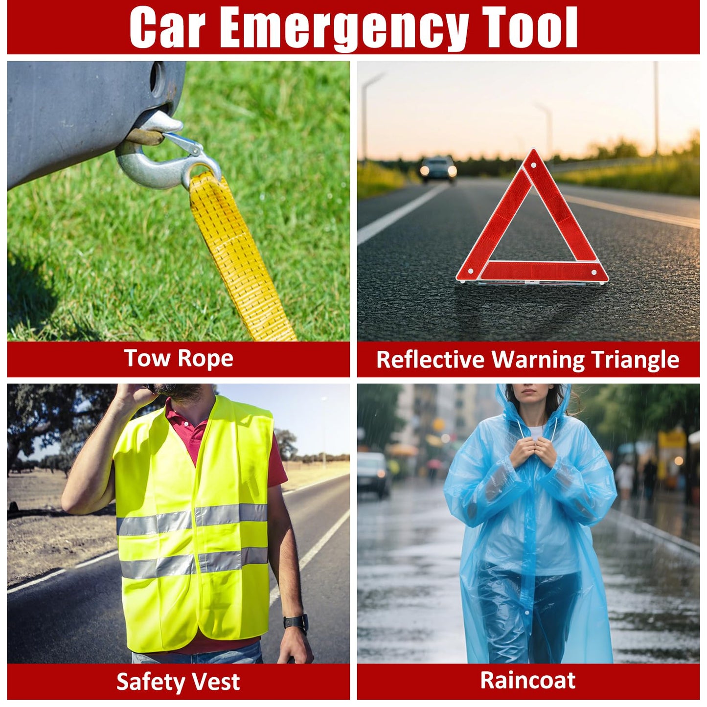 AUTODECO Car Roadside Emergency Kit, Car Safety Kit Portable Vehicle Kits for Emergency with Jumper Cables, Tow Straps, Safety Hammer, Black