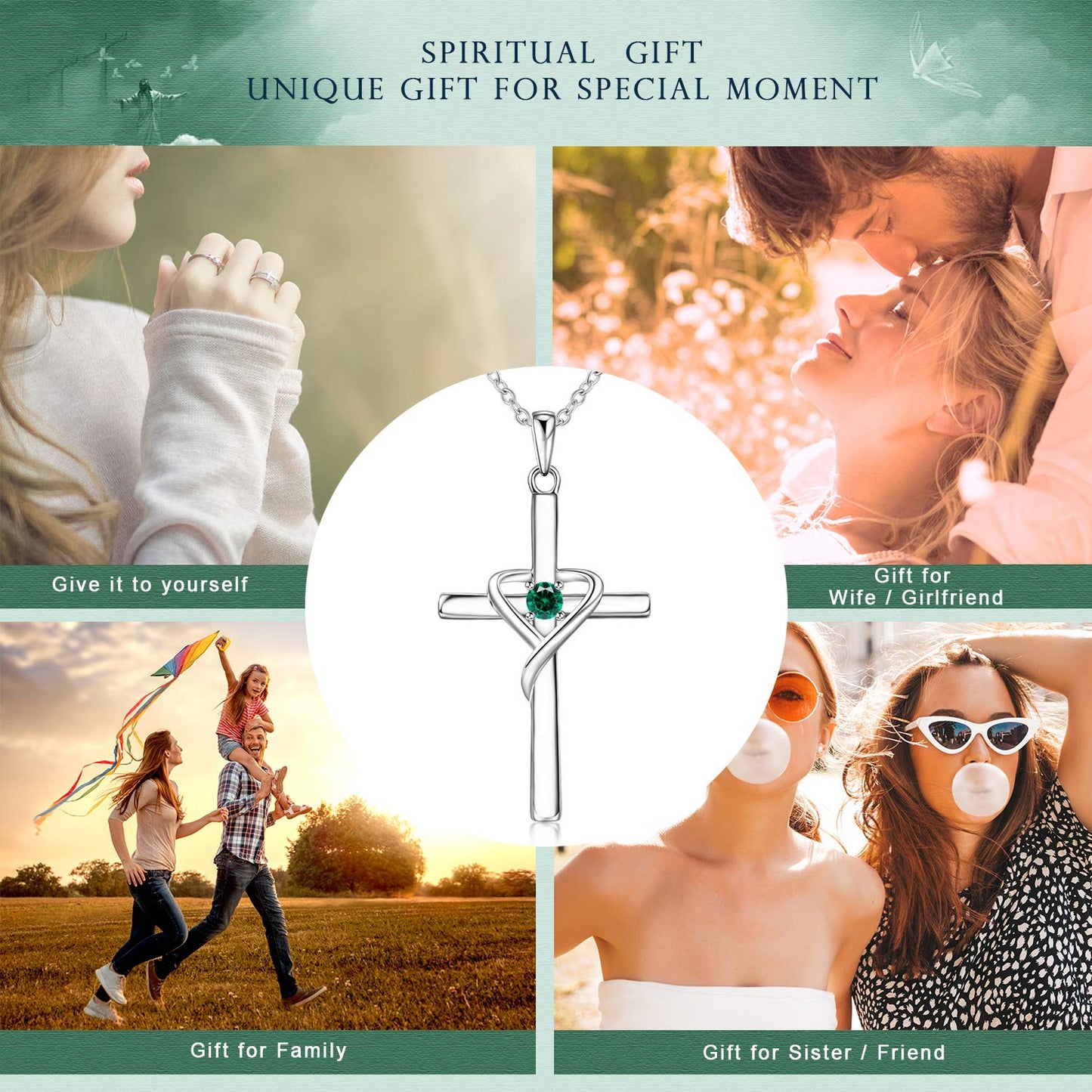 AmorAime 925 Sterling Silver Cross Necklace for Women Men 14K Gold Plated 5A CZ Birthstone Necklaces for Holiday (E.Green-May-Emerald)