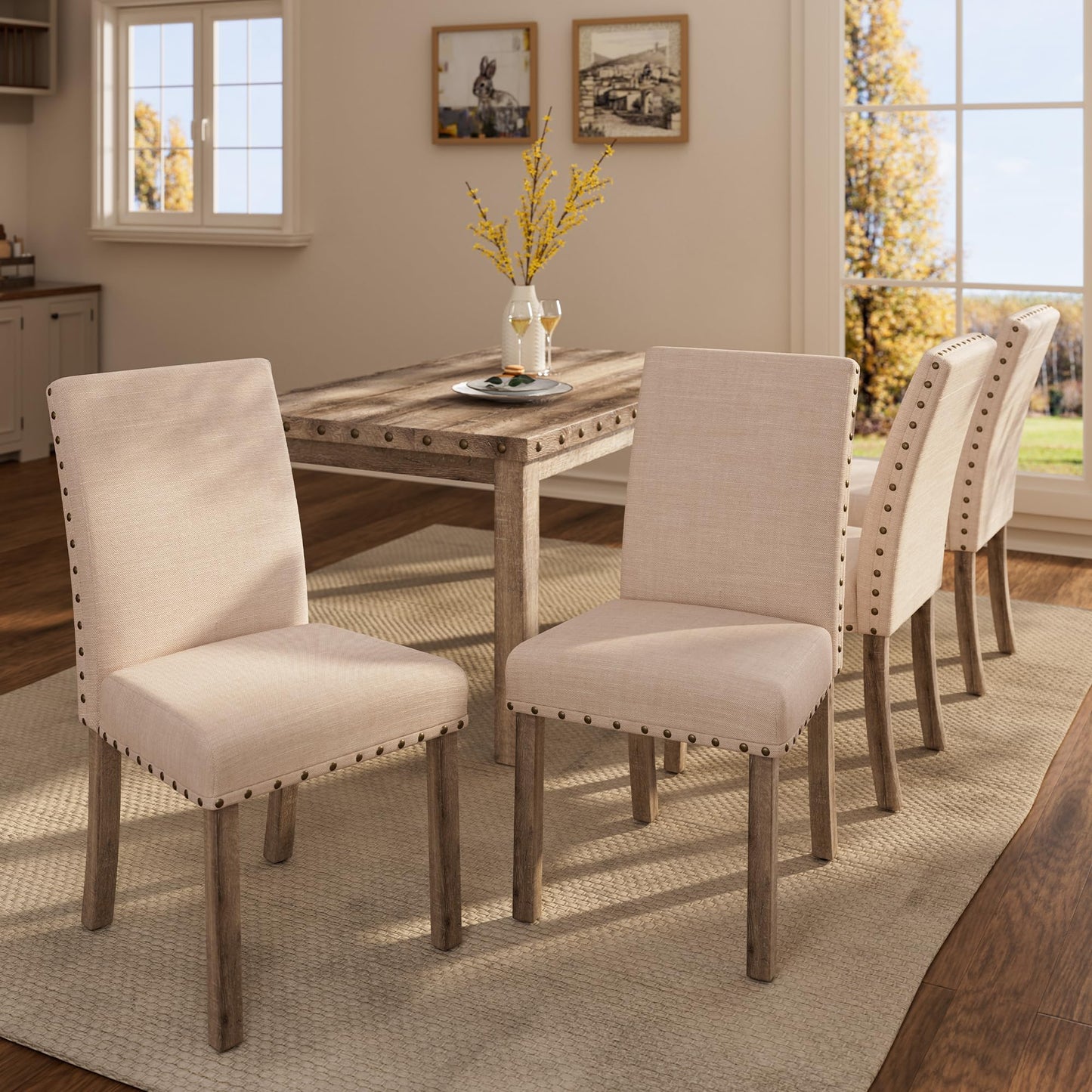 Morden Fort Farmhouse Dining Set for 4, 60" Rectangular Wooden Table & 4 Upholstered Chairs with Nailhead Accents, 5-Piece Kitchen Table Set for Dining Room, Breakfast Nook, Antique Rustic
