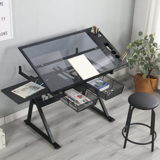 Adjustable Tempered Glass Drafting Table with Chair, Multi-Purpose Writing Desk for Home Office, Standing Desk, Gaming Desk, Computer Desk with Storage, Long Desk for Small Spaces,A1