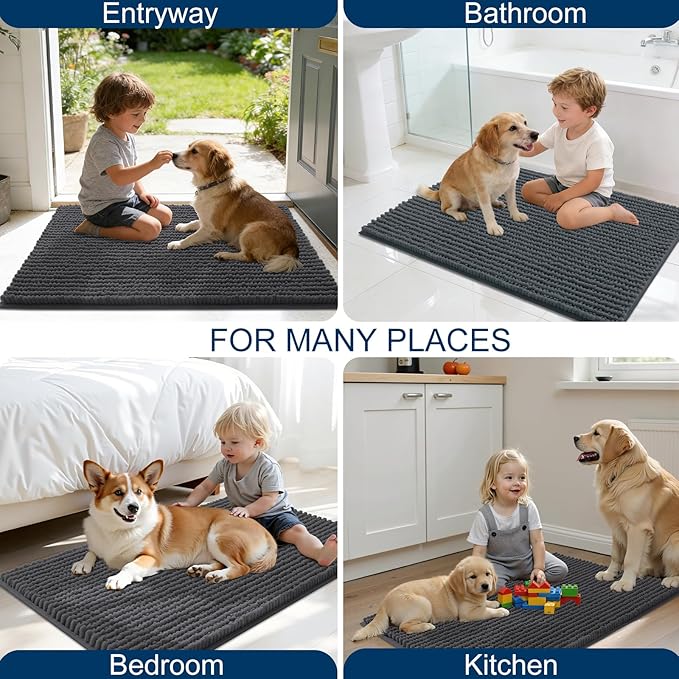 OLANLY Dog Door Mat for Muddy Paws 48x30, Ultra Absorbent Chenille Mud Doormat, Non-Slip Washable and Dirt Trapping Doormat for Indoor Entryway, Quick-Dry Indoor Pet Bed Mats for Dogs, Dark Grey