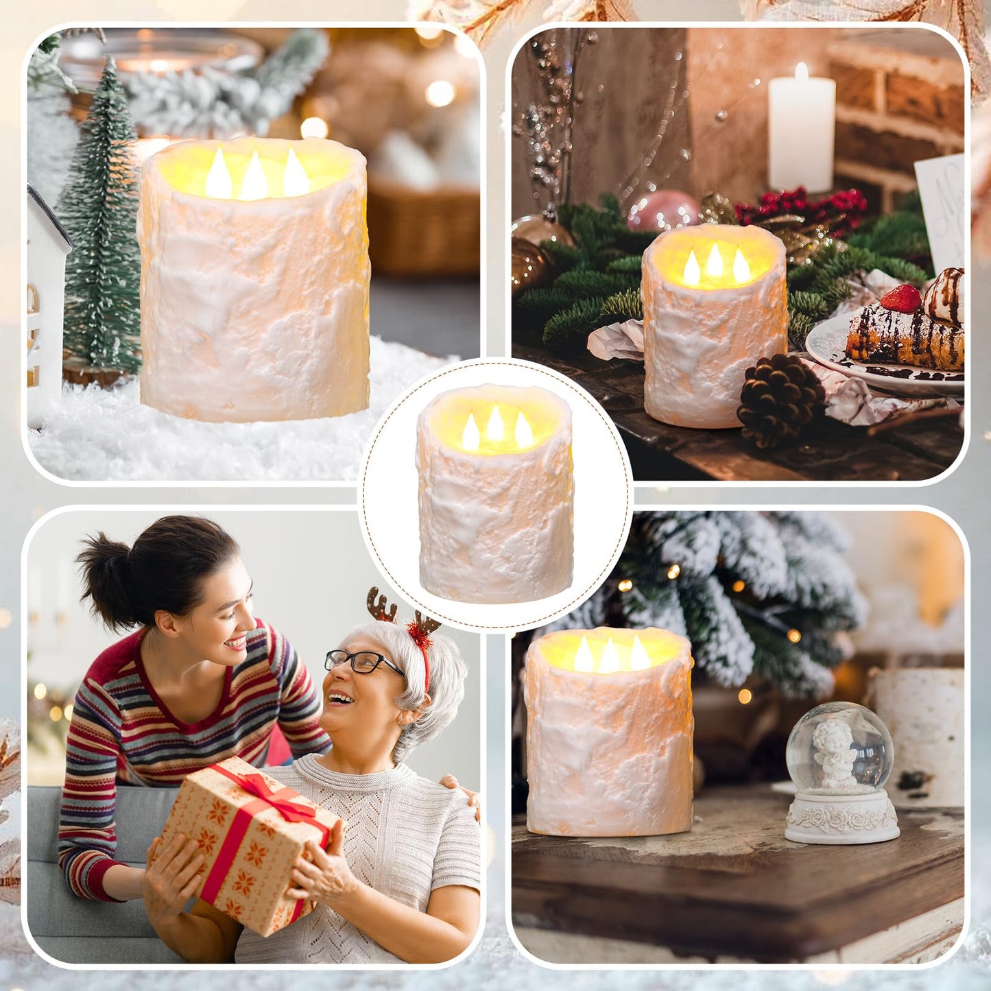 Baquler Large Flameless LED Battery Operated Pillar Candle - 3 Wick 5"x4"" Snowy Frosted White Flameless Christmas Fake Candle for Xmas Table Centerpiece Holiday Rustic Indoor Home Decor"