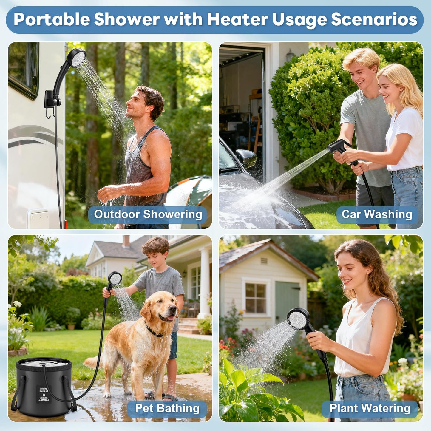 Portable Shower with Heater 1500W Camping Water Heater with Shower Head 3 Spray Modes, 6000mAh Rechargeable Shower Pump with LED Display Foldable Bucket Outdoor Showering for Hiking RV Car Travel Pet