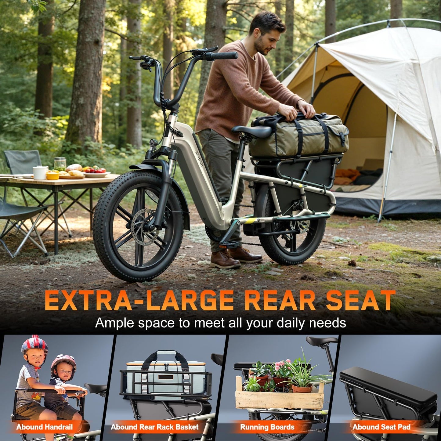 SISIGAD Family Electric Bike with Child Seat,1500W Peak Motor Ebike with 48V/15A Removable Battery,28 mph,80 Mile, 20" Fat Tire E Bike, Electric Cargo Bike Suitable for Commuting and Shopping (Sage)
