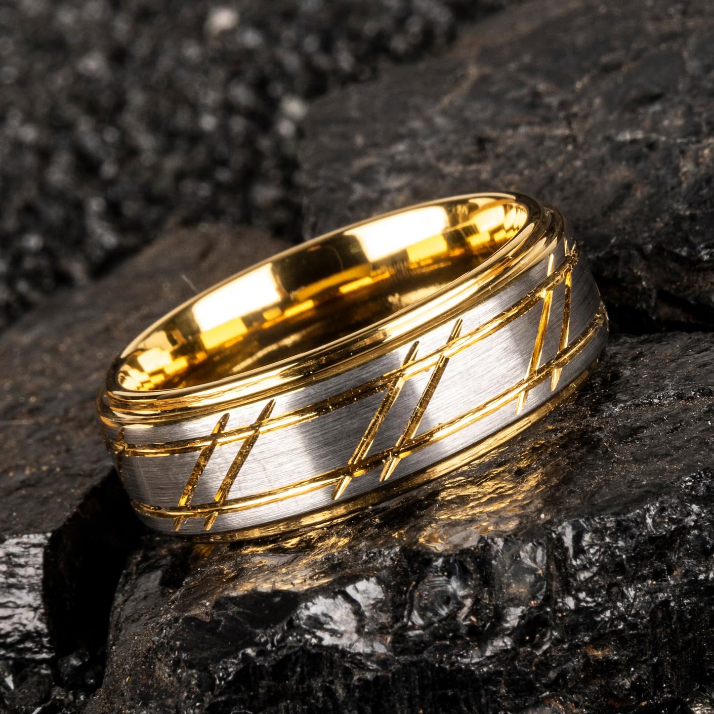 JEWPER 8mm Men Womens Wedding Band Tungsten Rings Gold Fashion Promise Carbide Silver brushed groove design on the outer ring Matte Finish Edge Comfort Fit size(11)