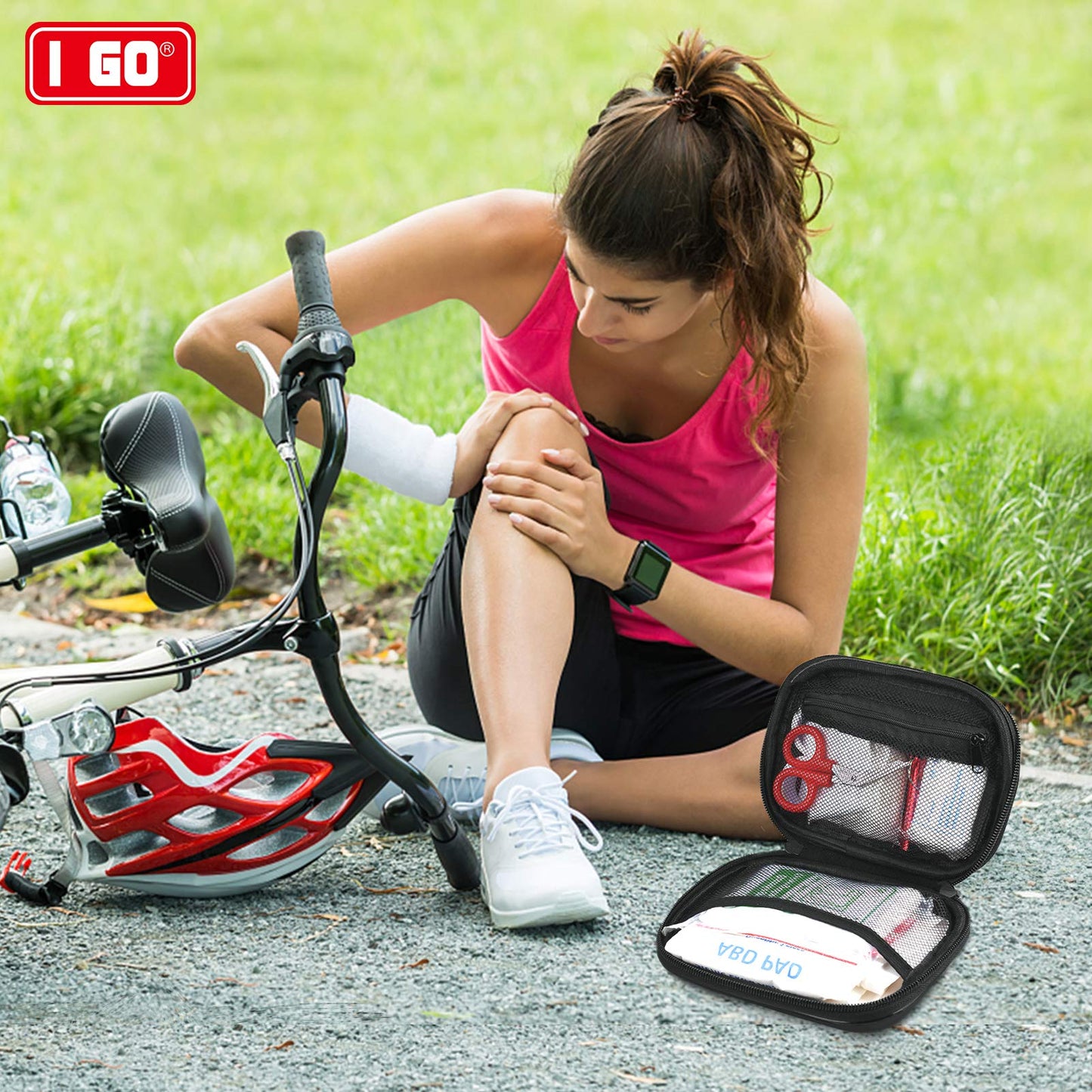 I GO 85 Pieces Hard Shell Mini Compact First Aid Kit, Small Personal Emergency Survival Kit for Travel Hiking Camping Backpacking Hunting Marine Car, Green