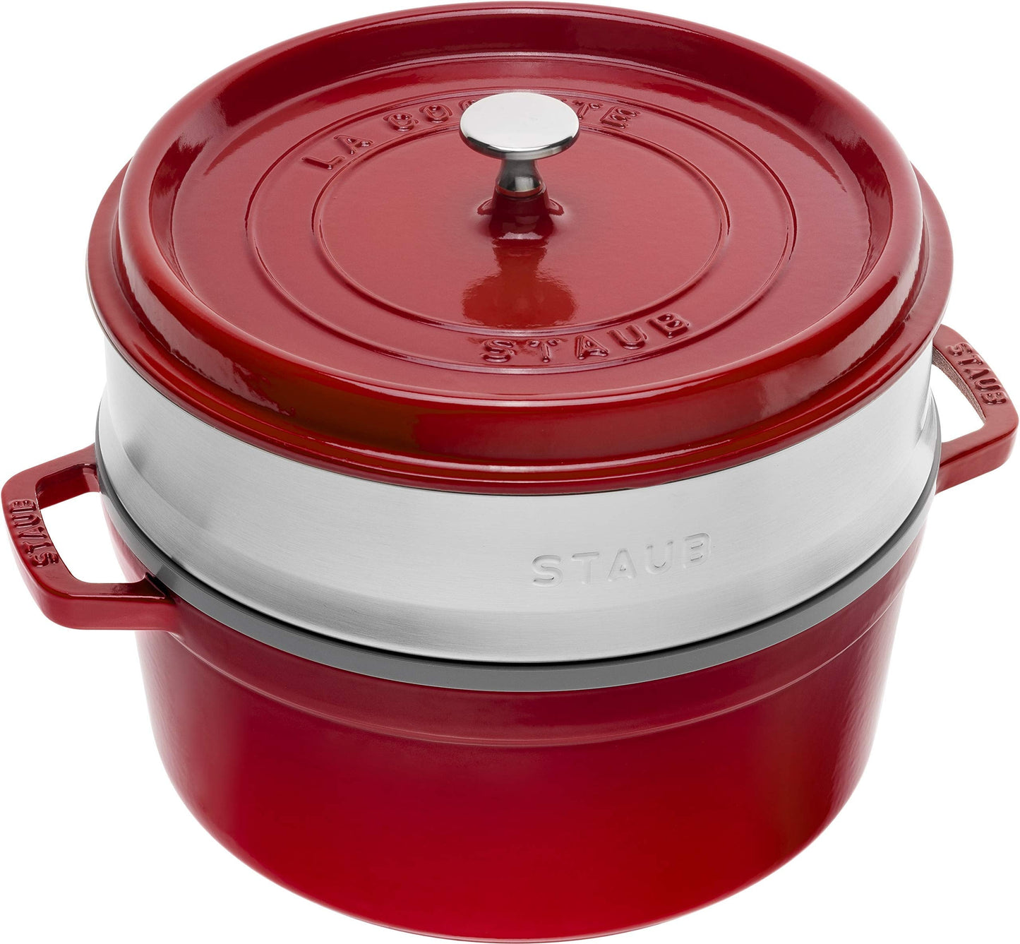 staub La Cocotte Round 40510-601 Pico Cocotte Round Cherry 10.2 inches (26 cm) Steamer Set, Large, Two-Handed Casting, Enameled Pot, Steamer, Induction Compatible