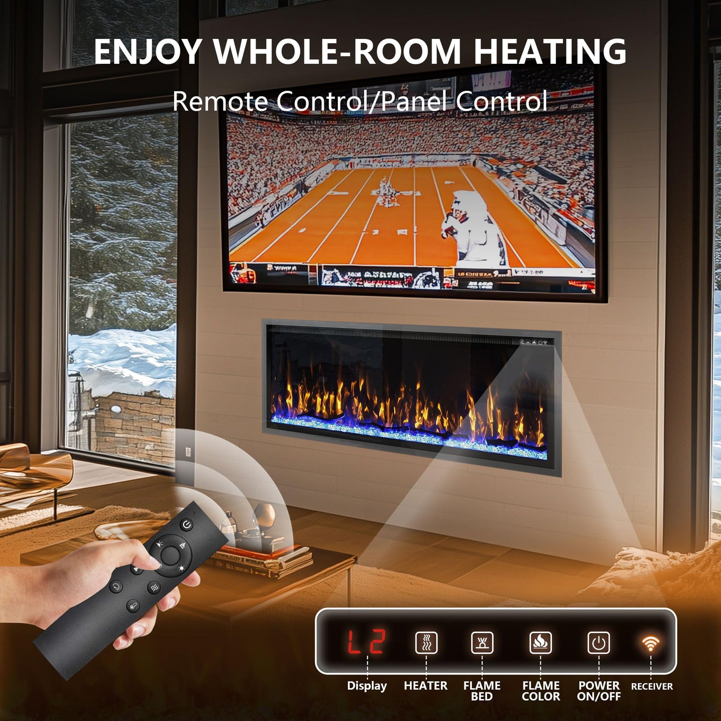 Eueiriup 42" Electric Fireplace in Wall Recessed & Wall Mounted Linear Fireplace with Temperature Control, Log & Crystal Option, Remote Control 750/1500W for Indoor Used Heater