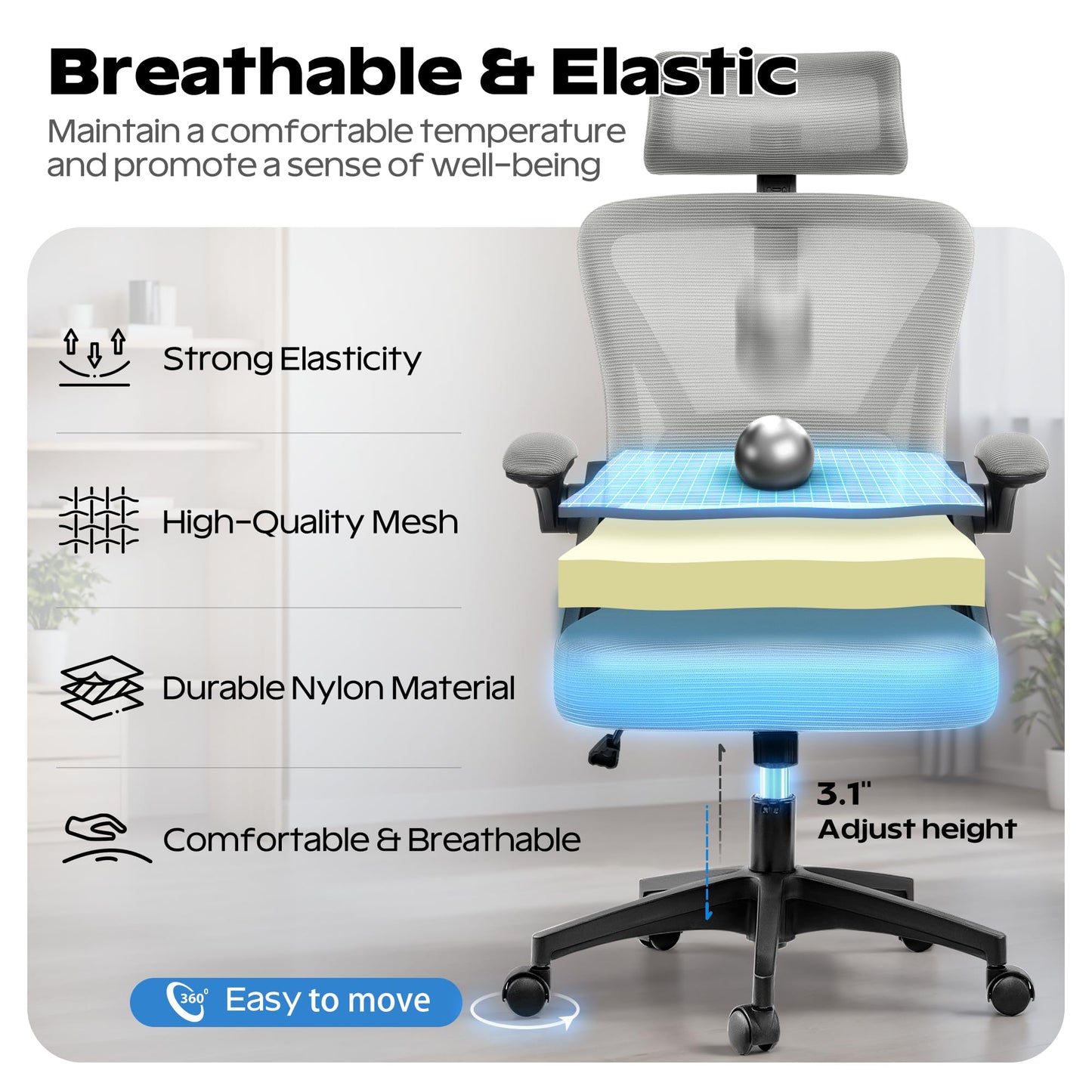 Ergonomic Office Chair, Home Office Desk Chair with Headrest, High Back Mesh Chair with Flip-up Armrests, Comfy Desk Chair with Lumbar Support, Rolling Swivel Task Computer Chair for Home Office